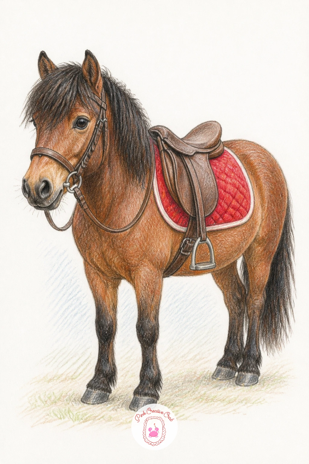 Pony With a Cherry Red Saddle Pad — Bring back some saddled detail with a pony with a cherry red saddle pad, a scene that uses one strong color block to anchor