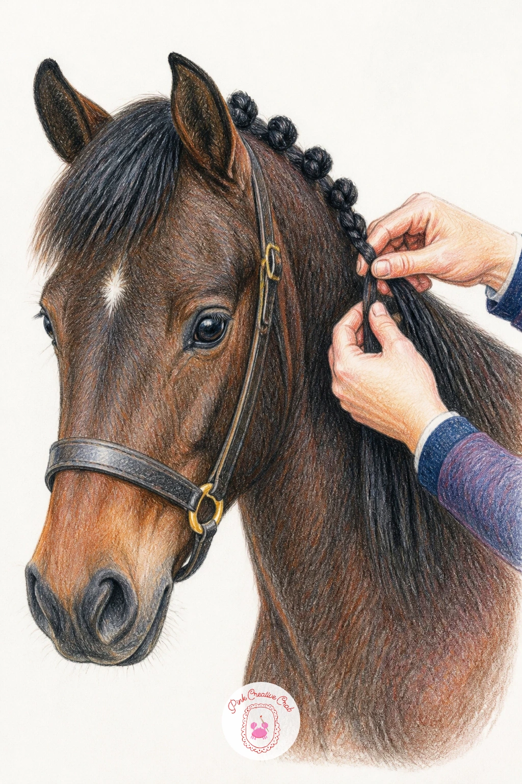 Pony Being Plaited for a Show — Return to mane detail with a pony being plaited for a show, which works nicely paired with the earlier braided mane idea but