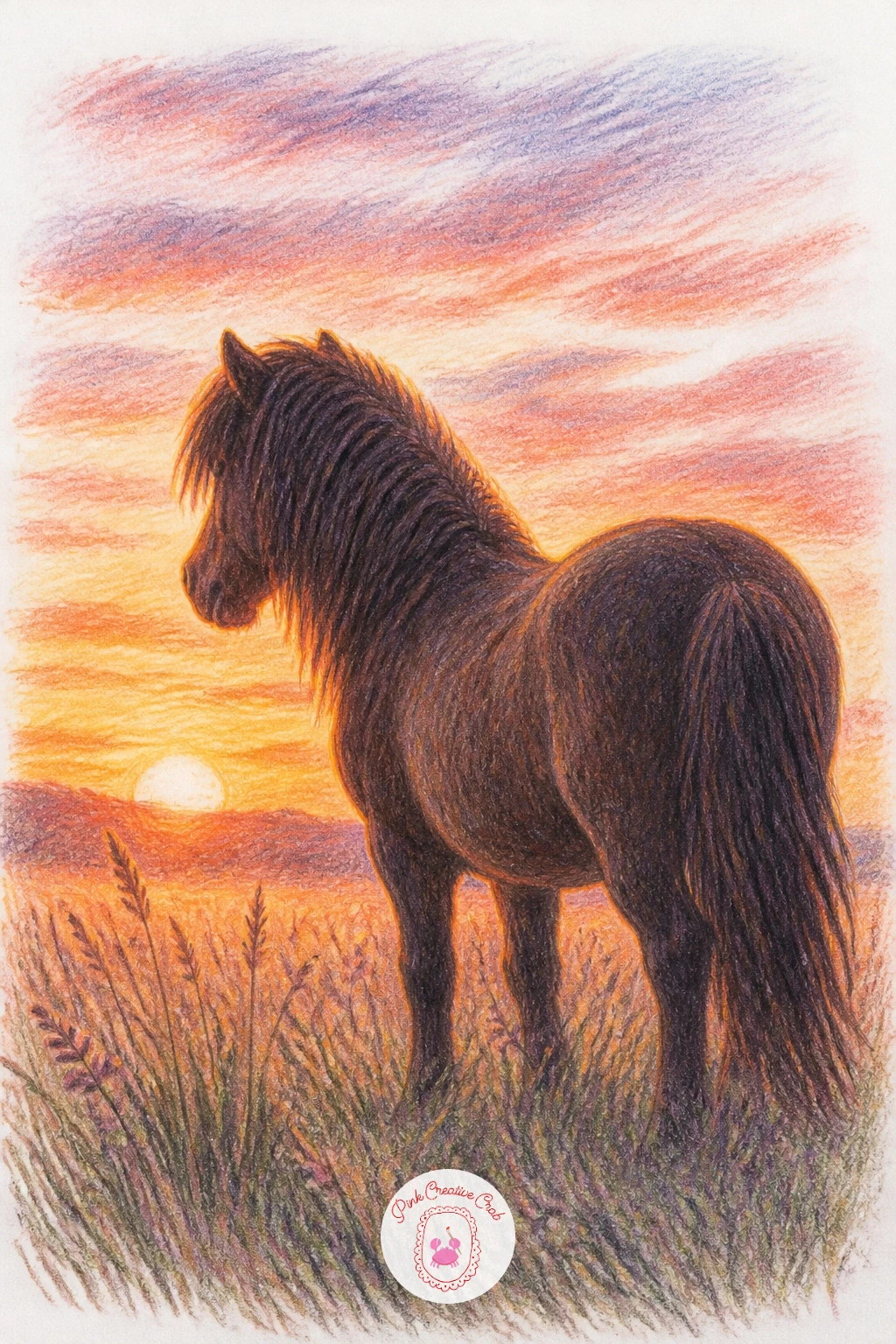 Pony at Sunset in a Meadow — Slow the pace again with a pony at sunset in a meadow, a scene built entirely around where the light sits. Pony drawing
