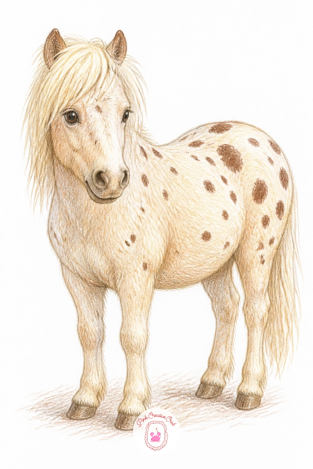Spotted Pony — Focus on pattern with a spotted pony, where the coat itself becomes the main event. Pony drawing