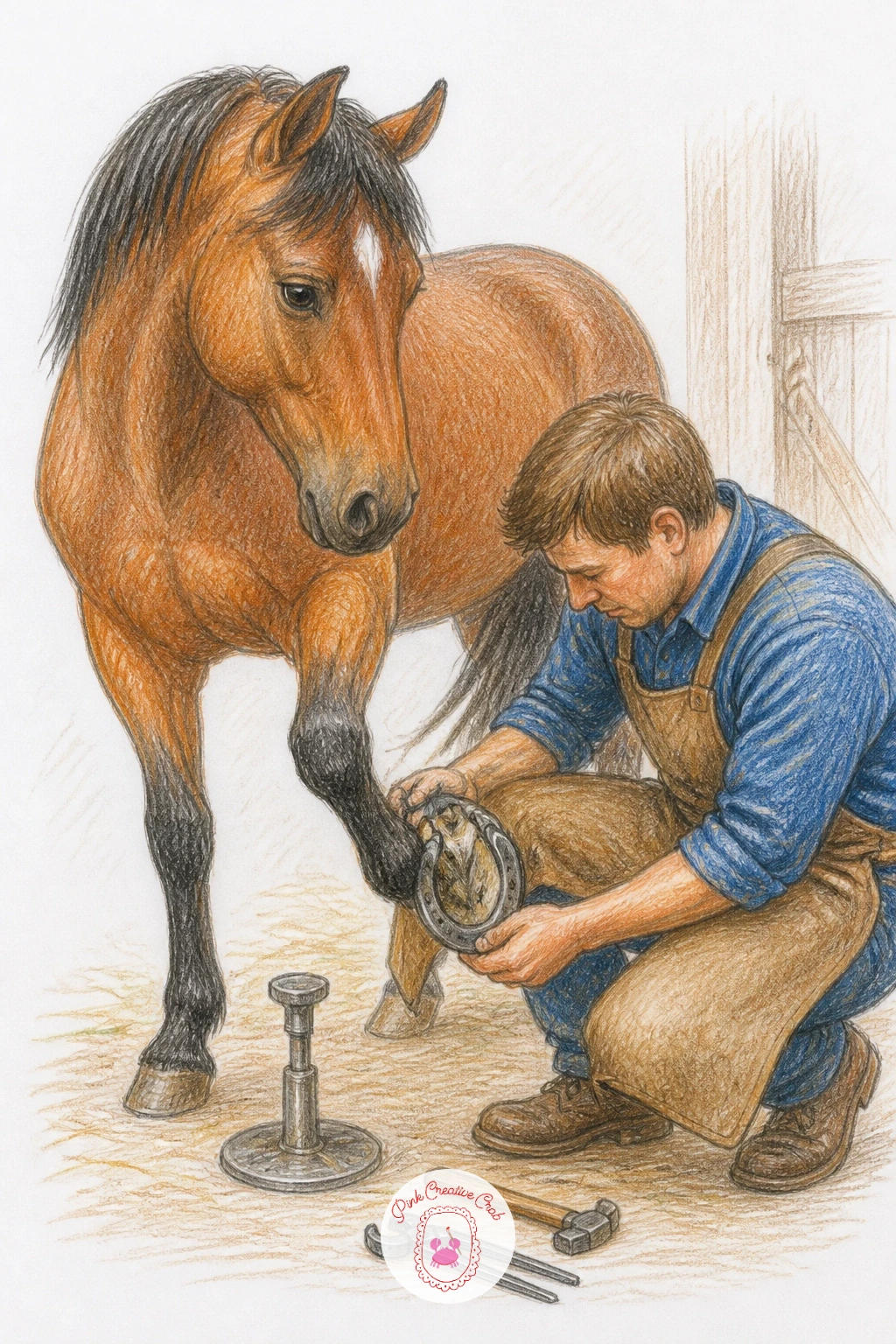 Pony Getting New Shoes — Take a quieter working moment with a pony getting new shoes, which pairs a standing pony with a crouching farrier for a nice contrast