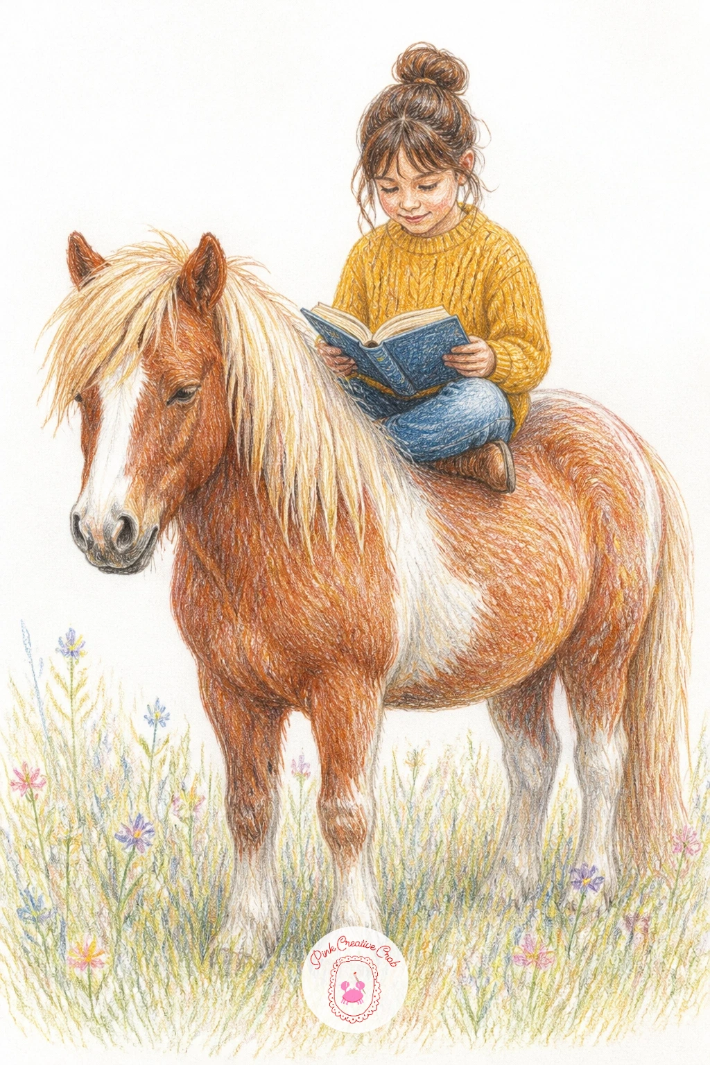 Girl Reading on Her Pony's Back — Bring a quiet human moment back in with a girl reading on her pony's back, a cozy scene that needs the pony to stay very
