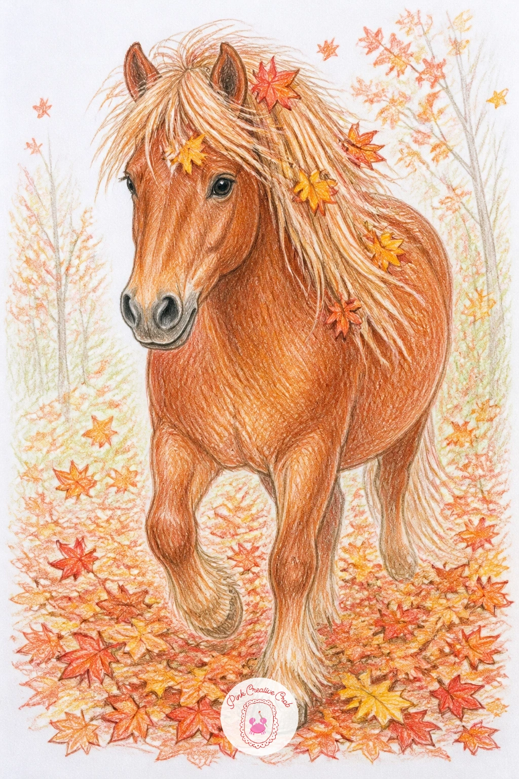 Pony in Autumn Leaves — Change the season once more with a pony in autumn leaves, a scene that leans on a warm, layered color palette more than any tricky