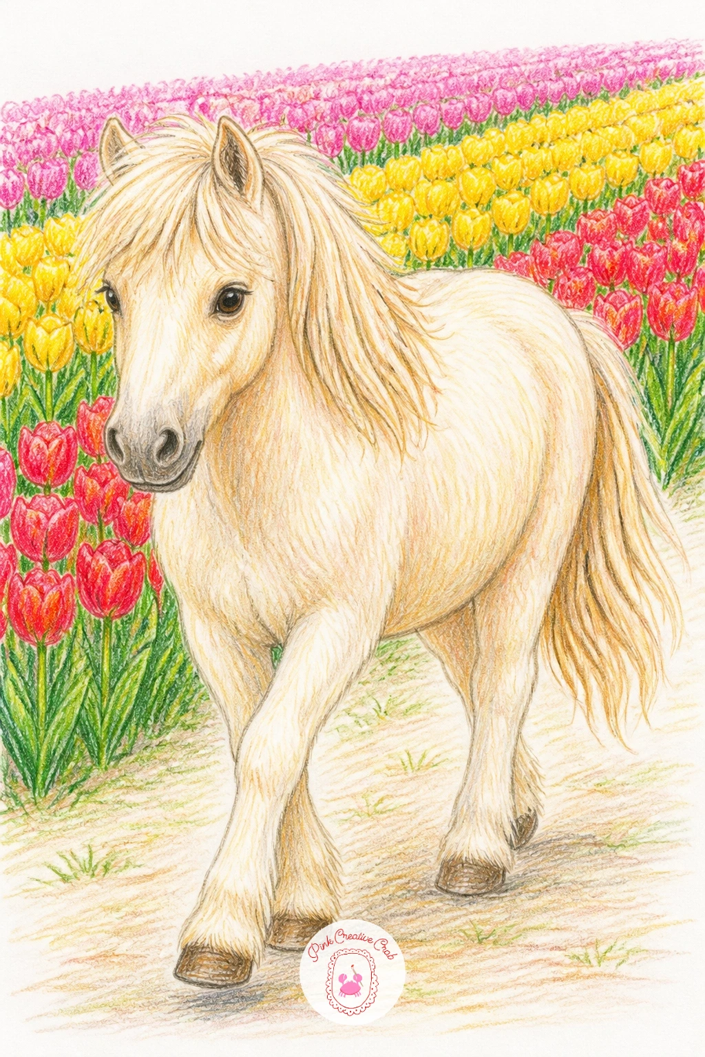 Pony in a Tulip Field — Go bold with color in a pony in a tulip field, which uses straight planted rows to build a sense of depth behind the pony. Pony drawing