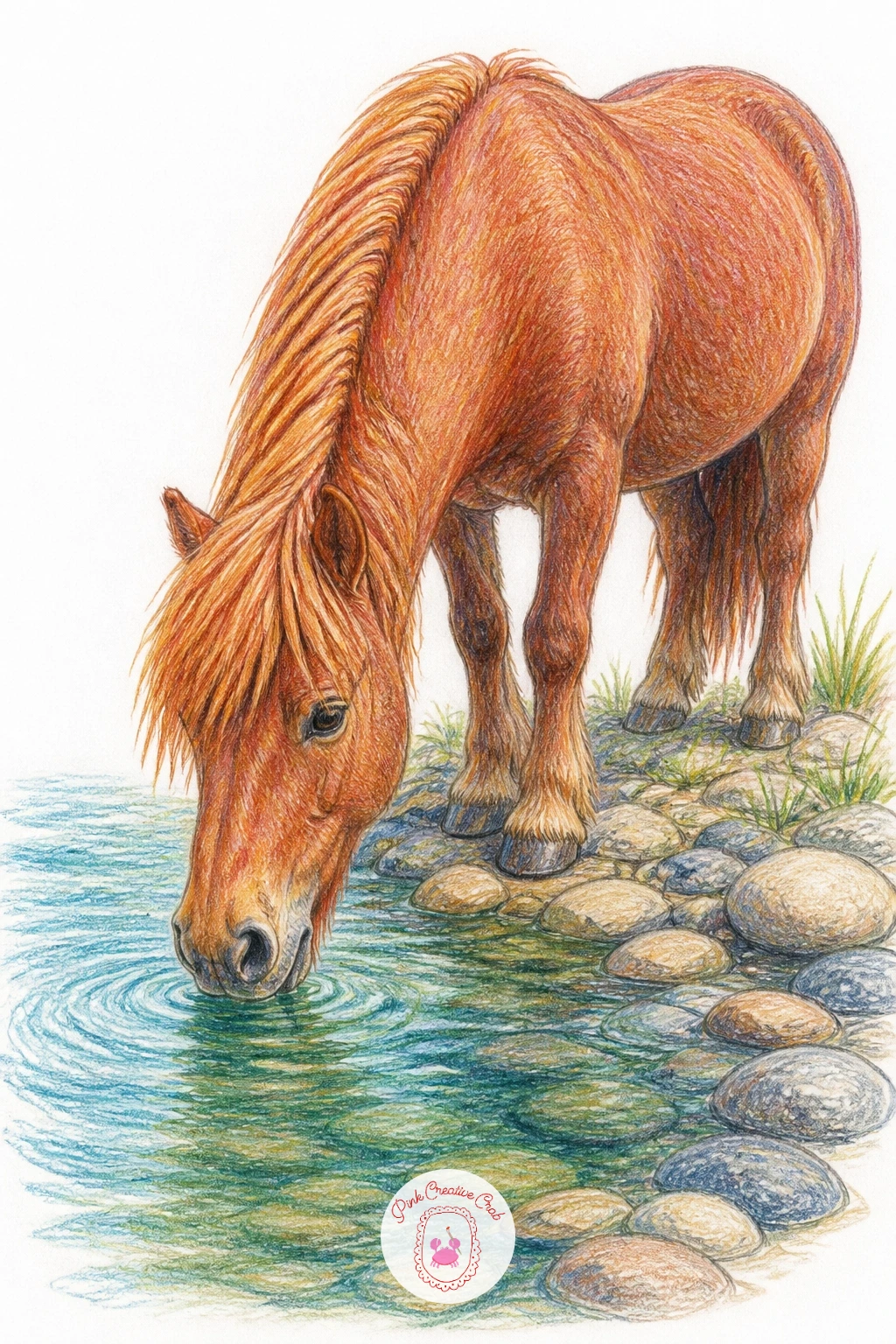 Pony Drinking From a Stream — Slow back down with a pony drinking from a stream, a pose built around a low, reaching neck much like the grazing scene earlier