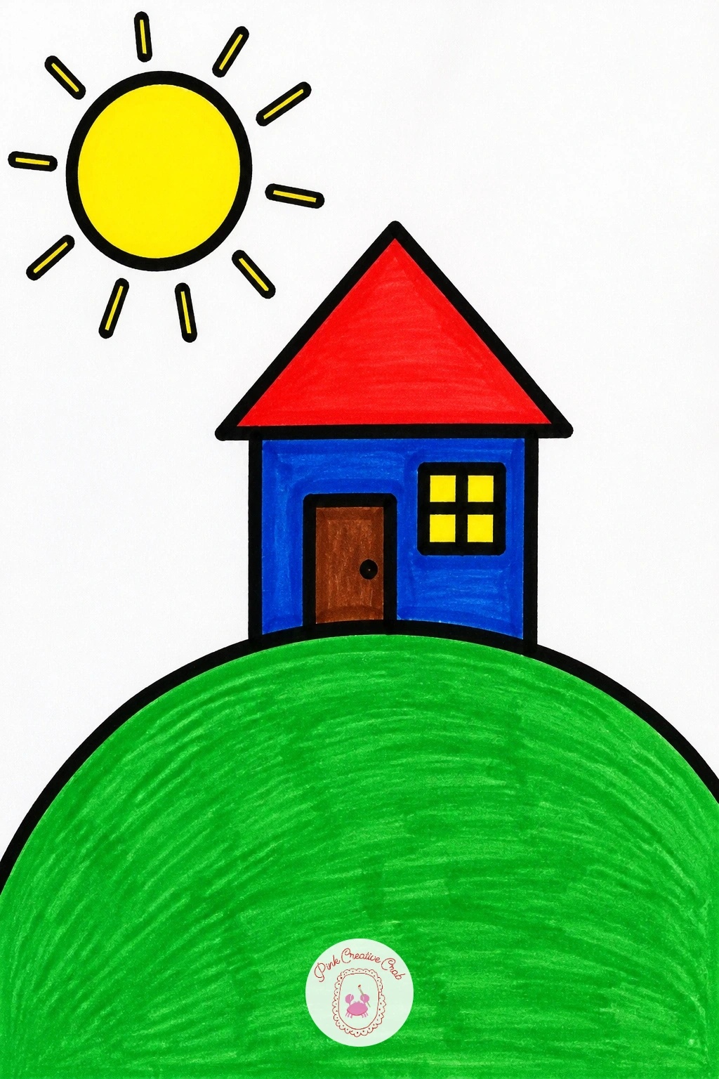 House on a Hill With the Sun — Start simple with a house on a hill, the scene most children draw first because every shape in it is one everyone knows. Scenery
