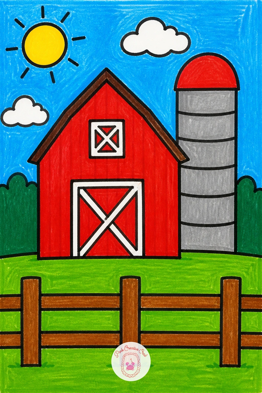 Farm With a Red Barn — Move from the house to a whole farm, keeping the same hill-and-sky setup but swapping the house for a barn. Scenery drawing for kids