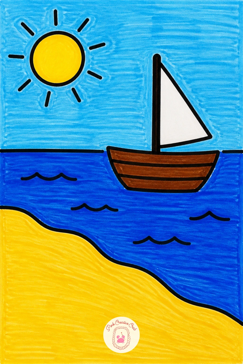 Beach With a Boat — After the farm, head to the coast for a beach with a boat, a scene built from flat bands of color rather than curves. Scenery drawing for