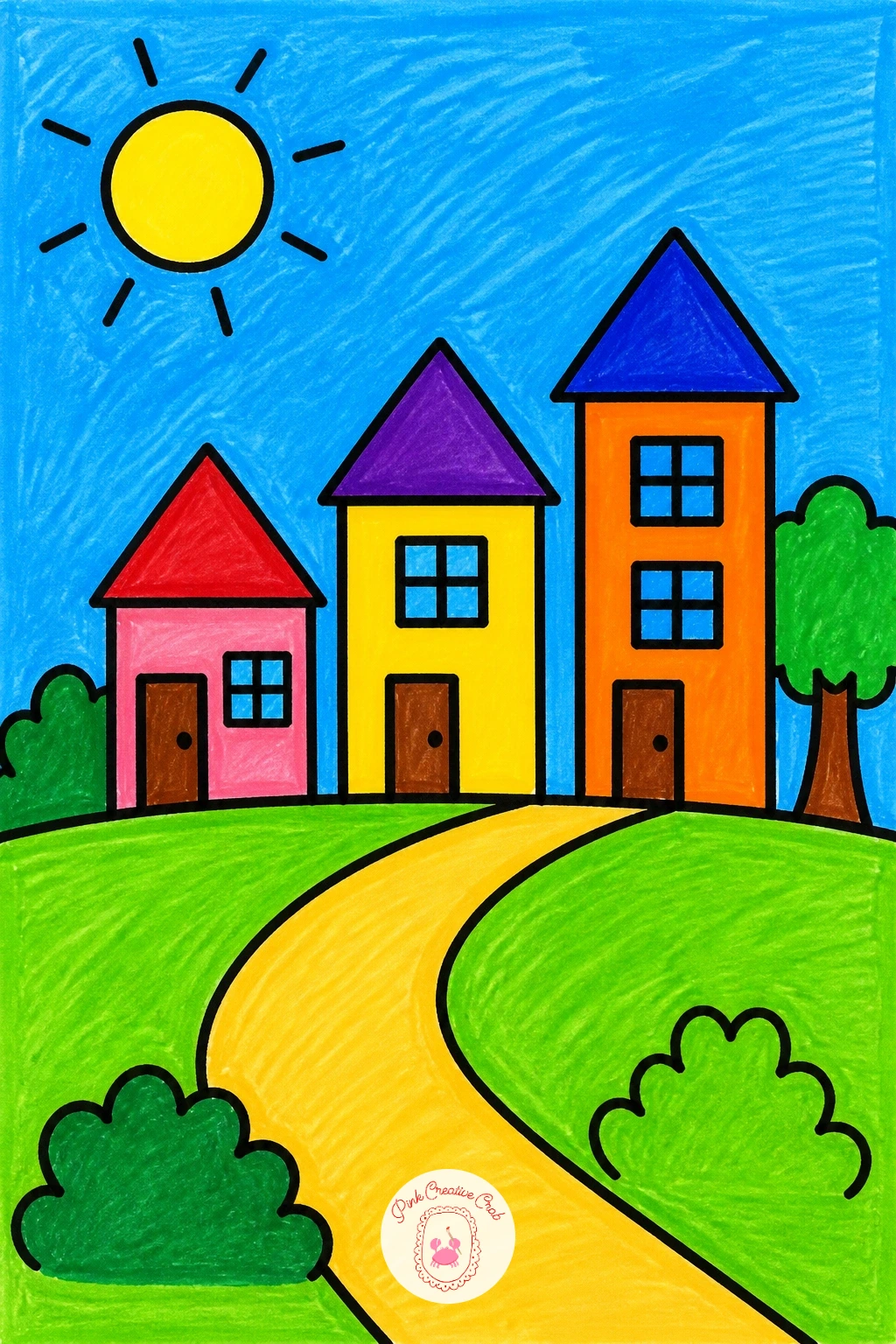 Village of Three Houses — Build on the single house from earlier by drawing a whole village of three houses side by side. Scenery drawing for kids