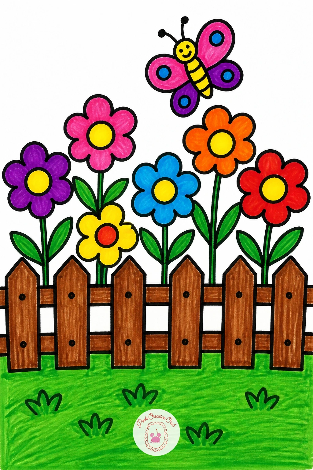Garden With a Fence — Slow the pace down with a garden scene, which is really just a patch of ground with a fence and a few flowers. Scenery drawing for kids