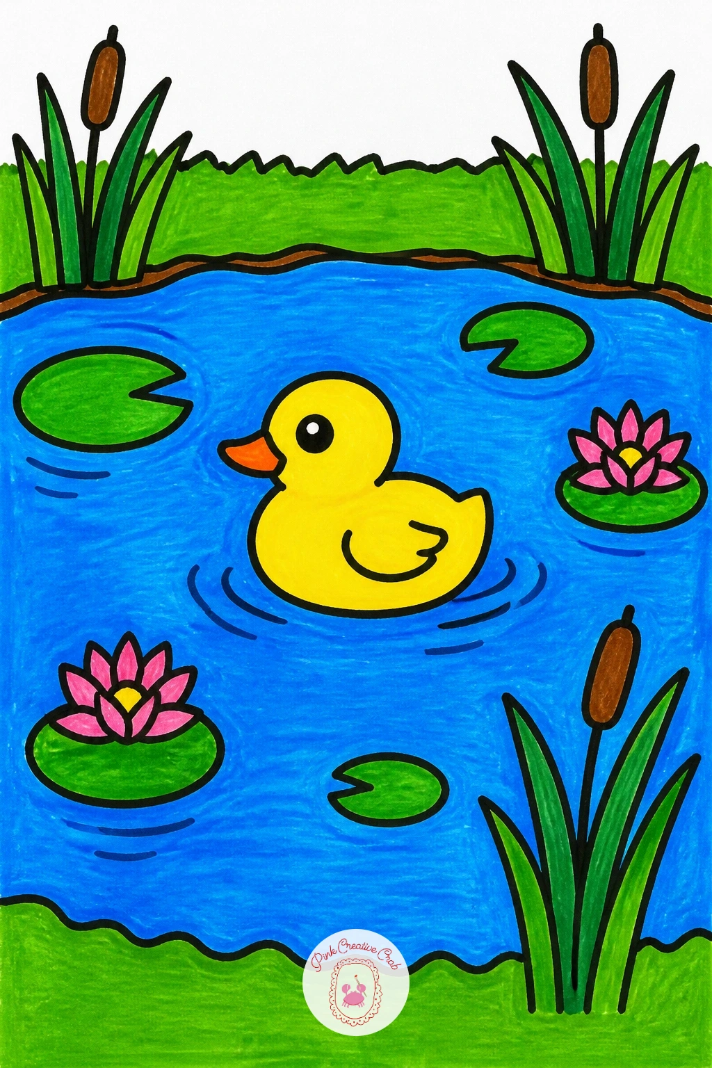 Pond With a Duck — Water scenes are a nice change of pace, and a pond with a duck is one of the easiest to get right. Scenery drawing for kids