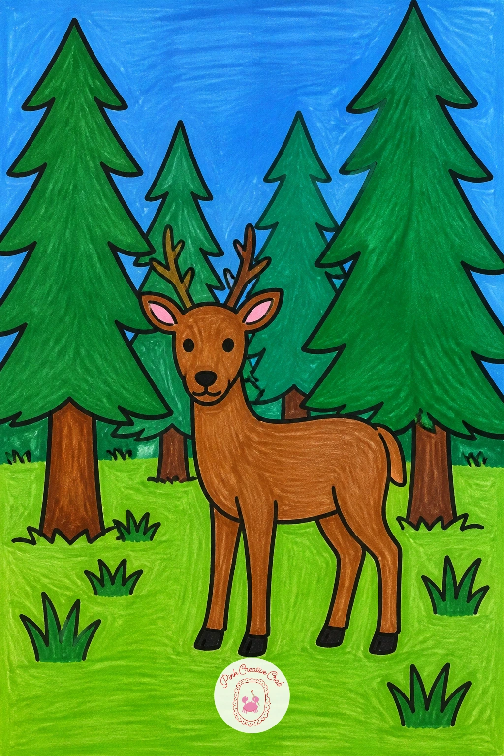 Forest With a Deer — From the open pond, head into a forest with a deer standing among the trees. Scenery drawing for kids