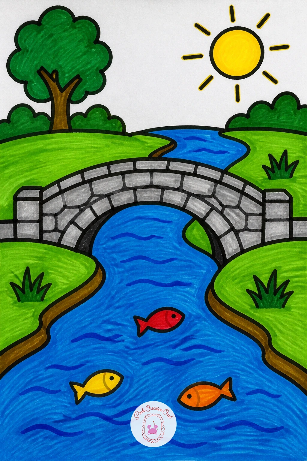 River With a Bridge — Rivers add a nice curve to a drawing after all those straight forest trunks, so try a river with a bridge next. Scenery drawing for kids