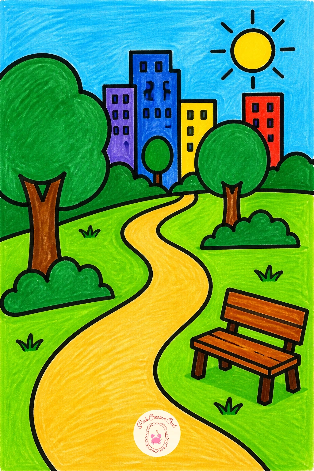 City Park — Bring the scenery into town with a city park, a scene that mixes nature shapes with a few straight city lines. Scenery drawing for kids