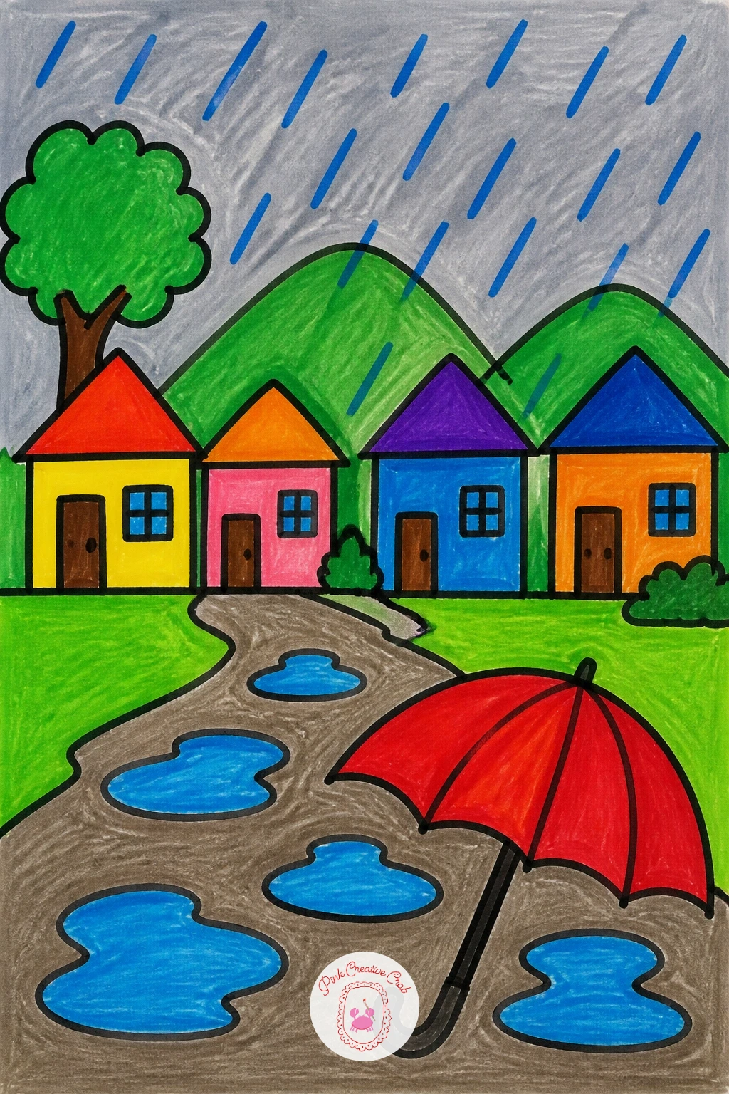 Rainy Village — Give the village scene from earlier a different mood with a rainy village, built from the same simple houses but under a grey sky. Scenery