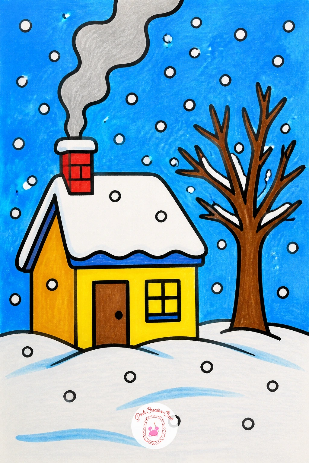 Snowy House With Smoke From the Chimney — Bring the weather from rain to snow with a cozy house sending smoke up from its chimney. Scenery drawing for kids