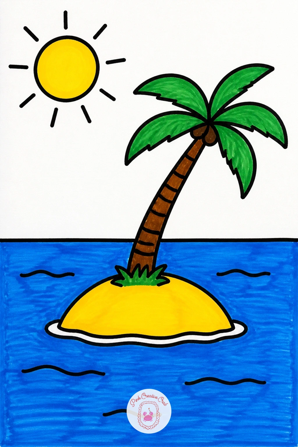 Island With a Palm Tree — Jump from a flower field to somewhere warmer with a small island and a palm tree sitting in the middle of the sea. Scenery drawing