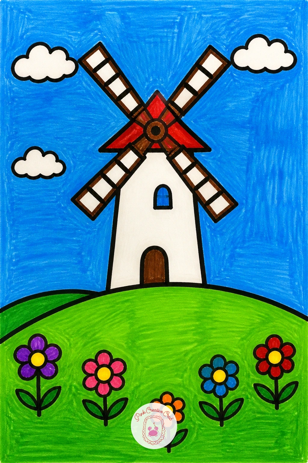 Windmill in a Field — Return to open land with a windmill standing in a field, a scene built around one tall shape with moving blades. Scenery drawing for kids