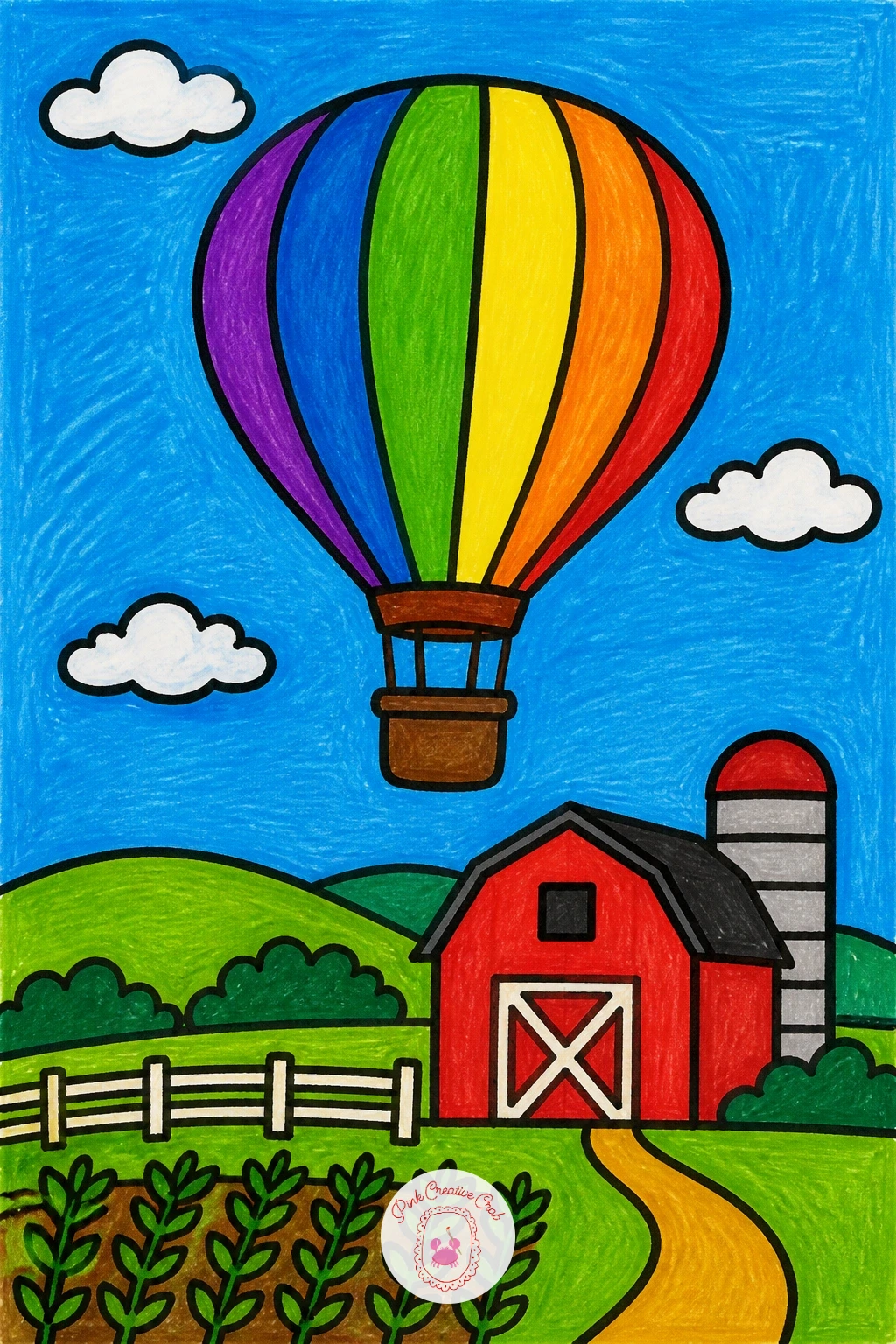 Hot Air Balloon Over a Farm — Lift the view up into the sky with a hot air balloon floating above a farm. Scenery drawing for kids