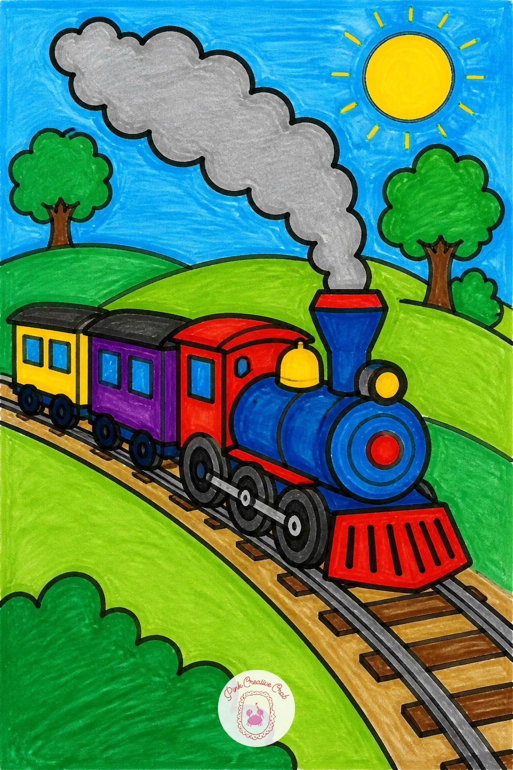 Train in the Countryside — Keep the eye moving with a train chugging through the countryside, a scene built from simple stacked rectangles. Scenery drawing for