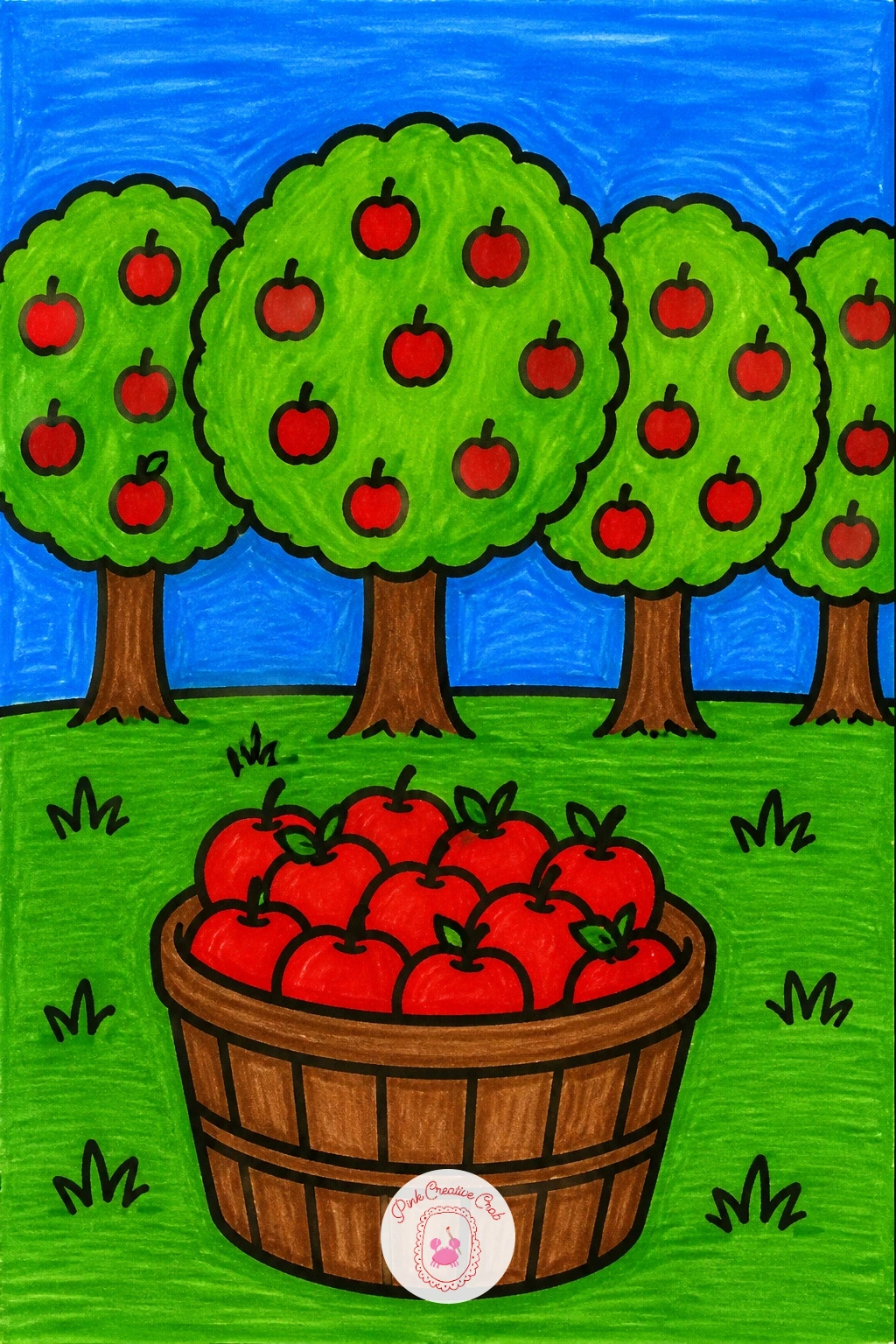 Apple Orchard — Slow back down to a quiet apple orchard, a scene built from a few round fruit trees in a row. Scenery drawing for kids