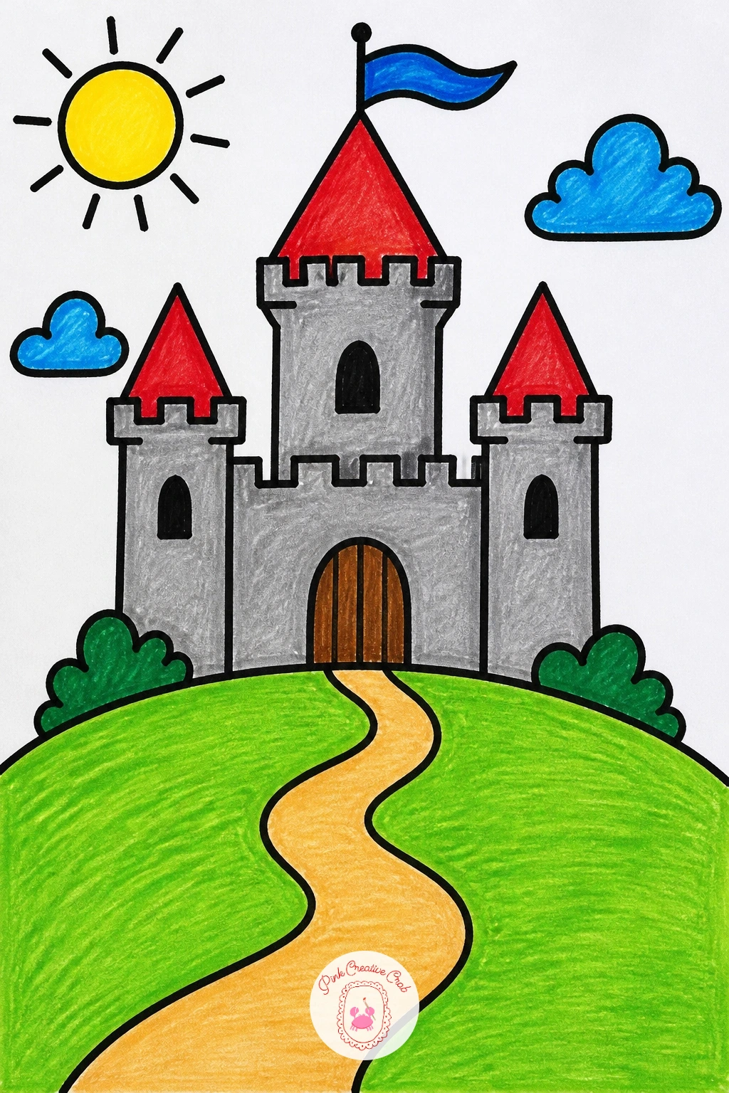 Castle on a Hill — Give the house-on-a-hill idea a grander twist with a castle standing on a hill instead. Scenery drawing for kids