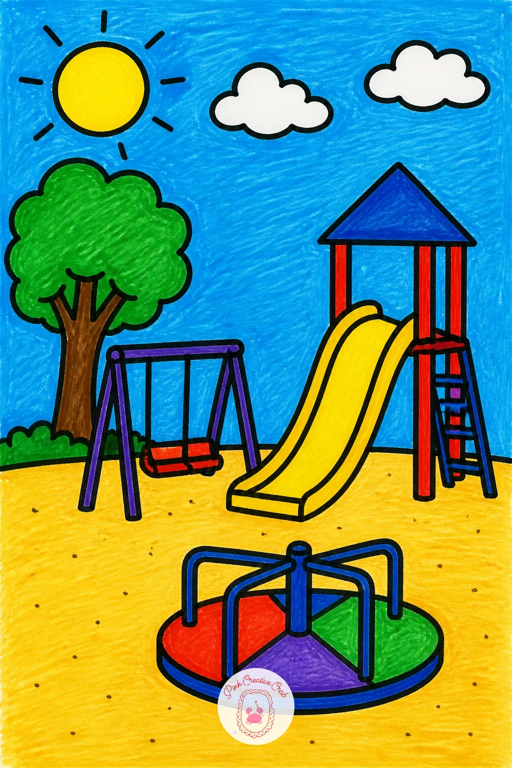Playground — Bring the scenery back down to earth with a cheerful playground, a scene full of simple geometric equipment. Scenery drawing for kids