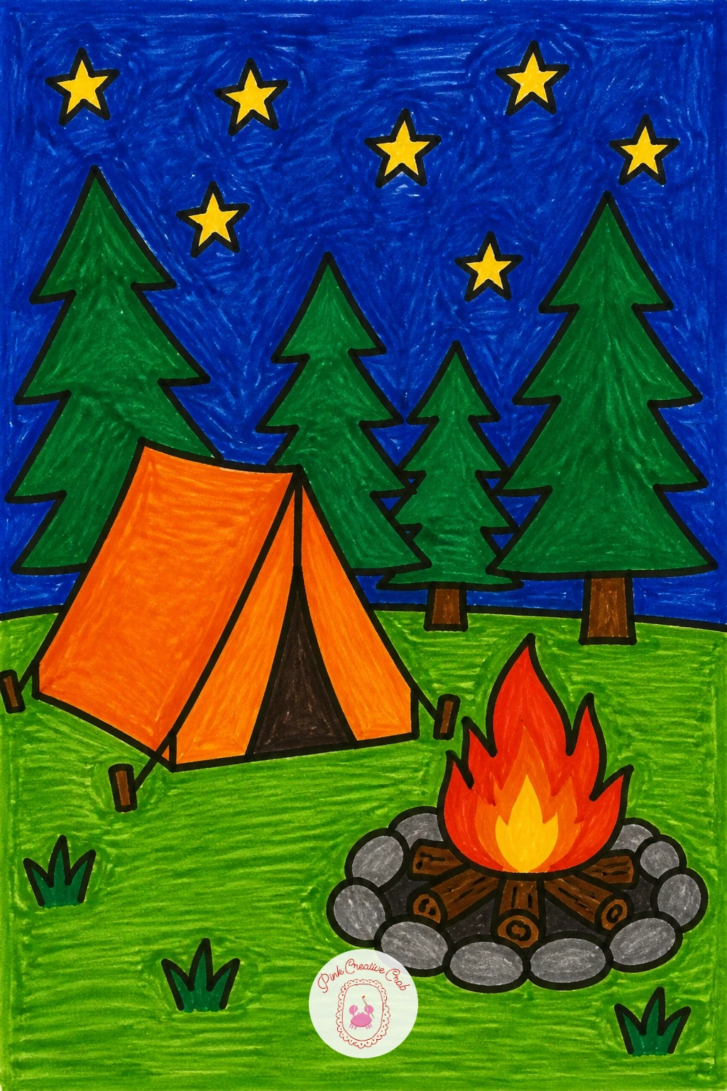 Campsite — Settle into a cozy campsite scene next, built around one tent and a small fire. Scenery drawing for kids