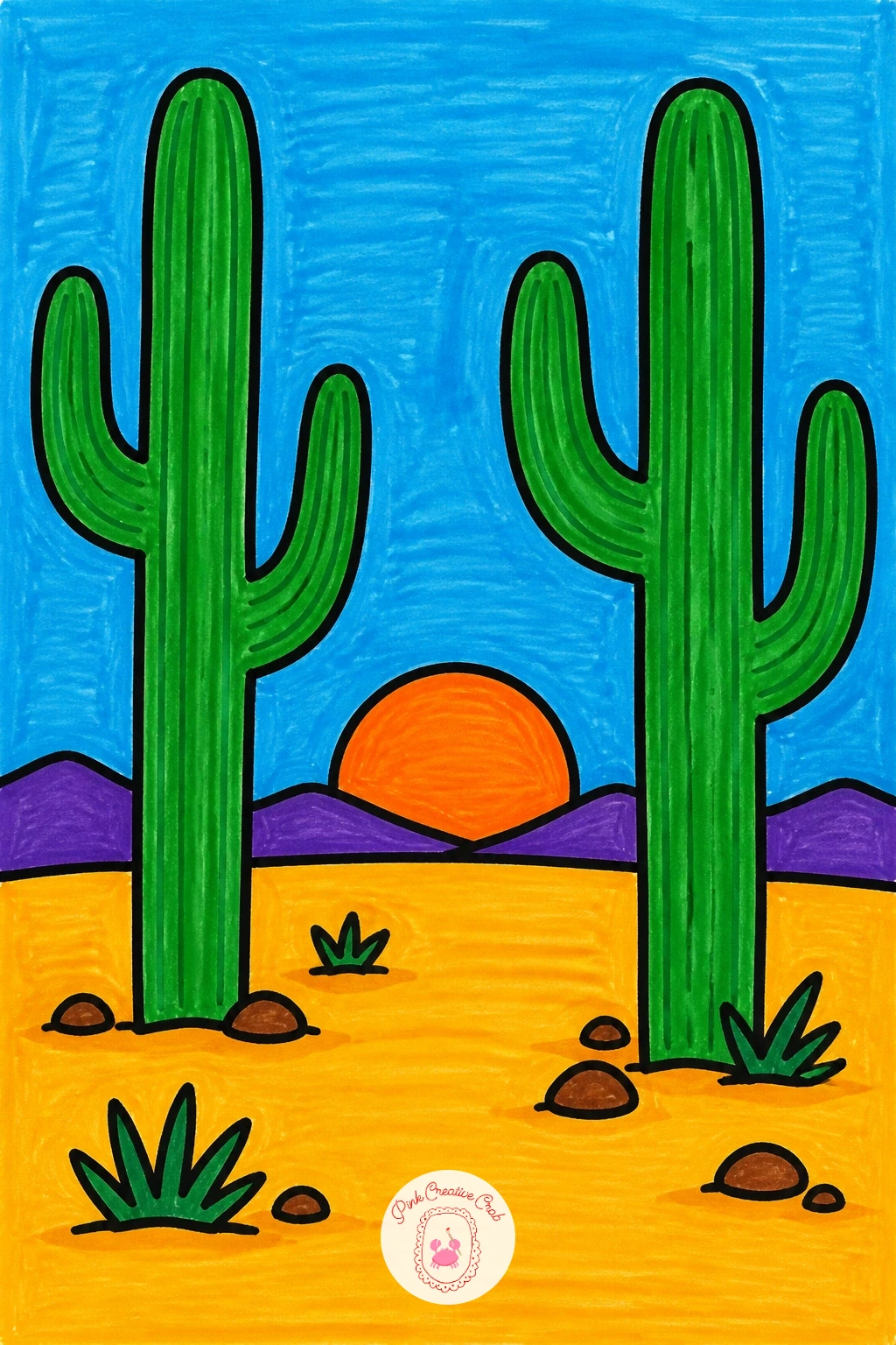 Desert With Cacti — Change the ground entirely with a desert scene full of simple cacti shapes. Scenery drawing for kids
