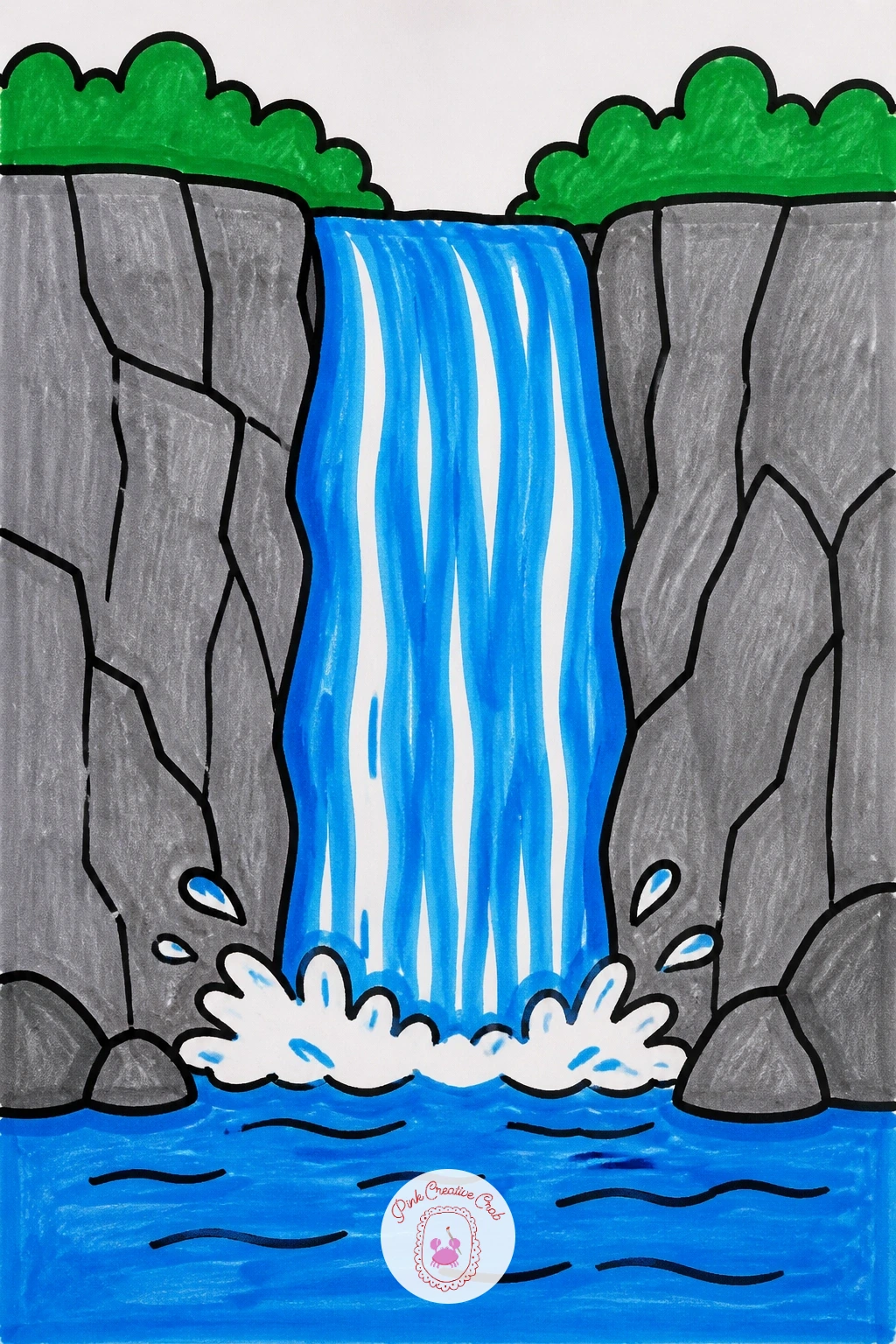 Waterfall — Build some real drama into the page with a waterfall tumbling down rocky cliffs. Scenery drawing for kids