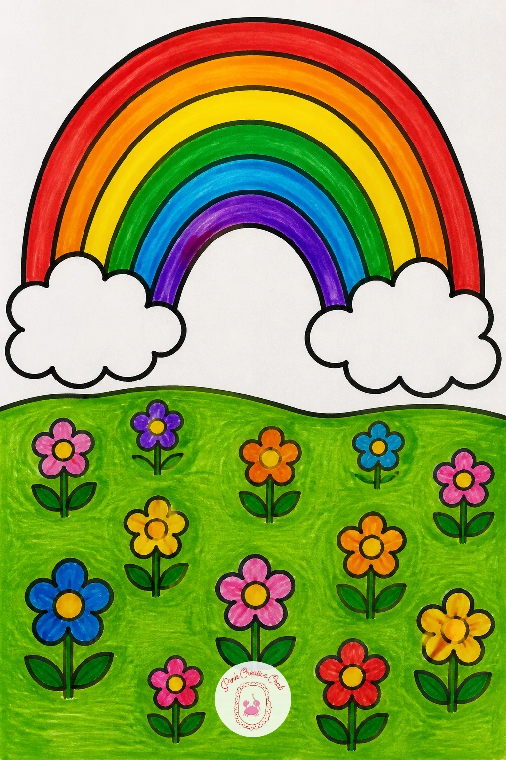 Rainbow Over a Meadow — Fill the sky with color for a rainbow arching over a quiet meadow. Scenery drawing for kids