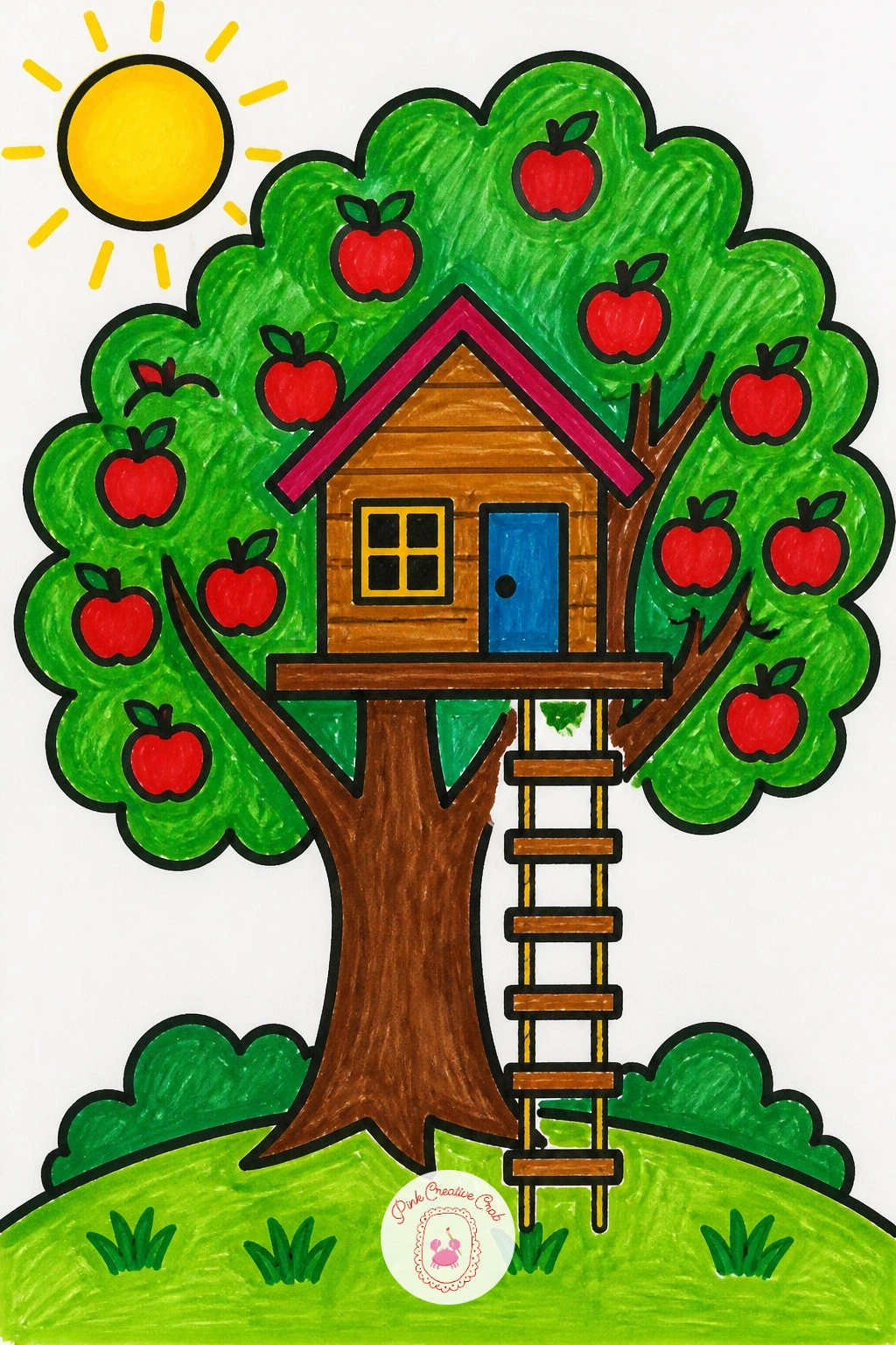 Treehouse in an Apple Tree — Finish with the most involved scene of the set, a treehouse tucked into an apple tree. Scenery drawing for kids