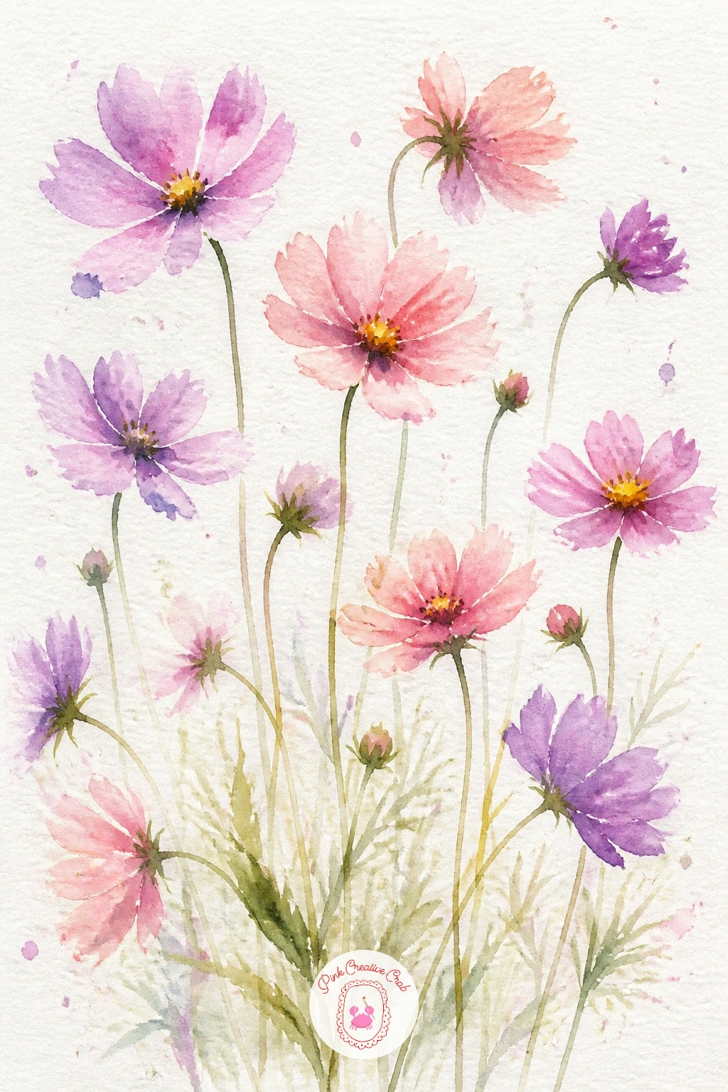 Loose Cosmos on Long Stems — Cosmos have thin stems and open, almost flat flower faces, so the challenge here is restraint rather than detail. Loose watercolor