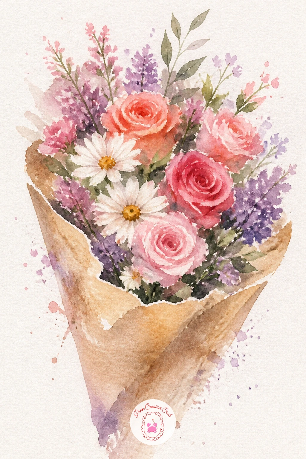 Loose Bouquet in Wrapping Paper — This idea asks you to paint a whole gathered bunch plus the paper it comes wrapped in, so plan the paper cone shape first in