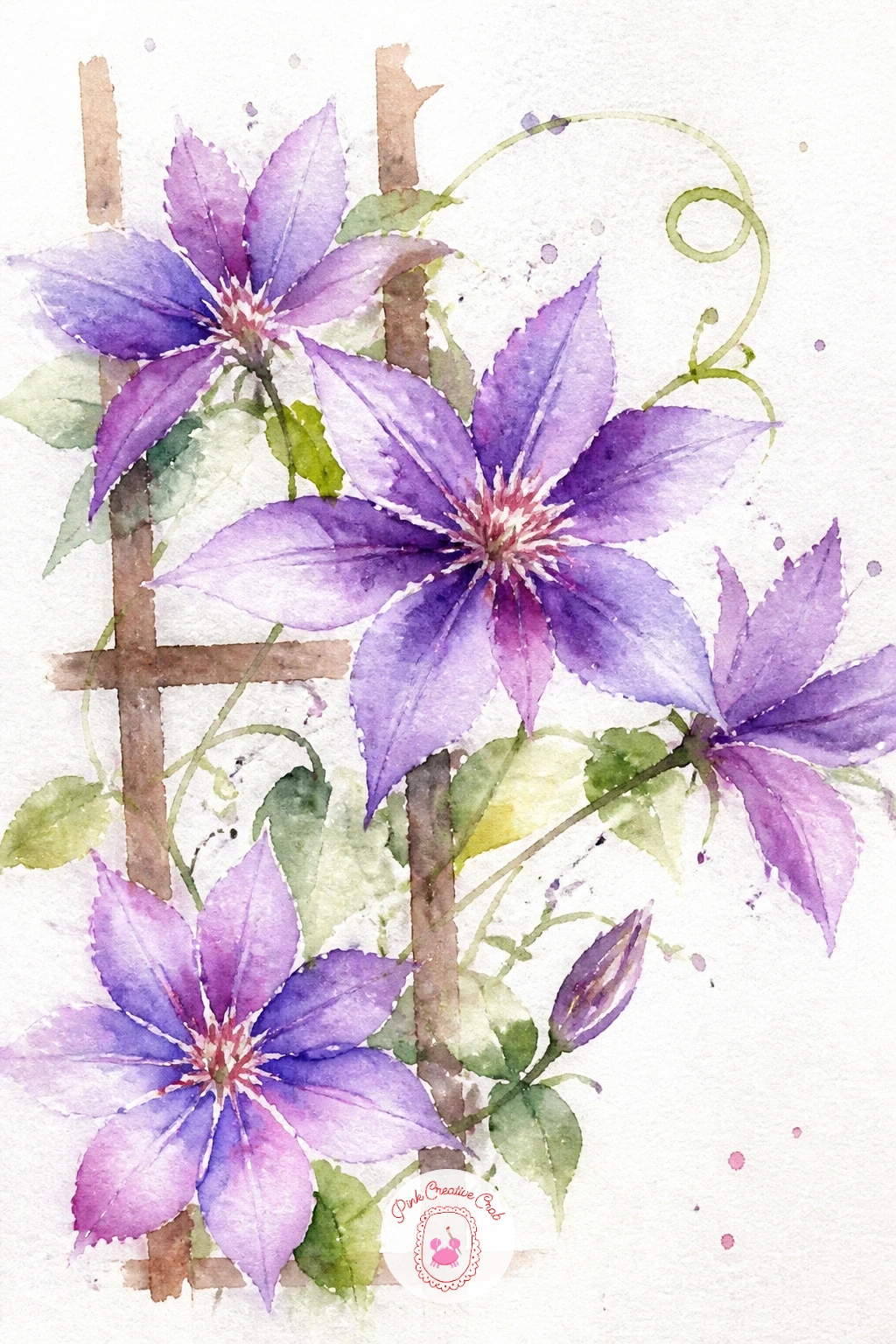 Loose Clematis on a Trellis — Clematis climbs, so this idea is as much about the trellis line as the flower itself. Loose watercolor flowers