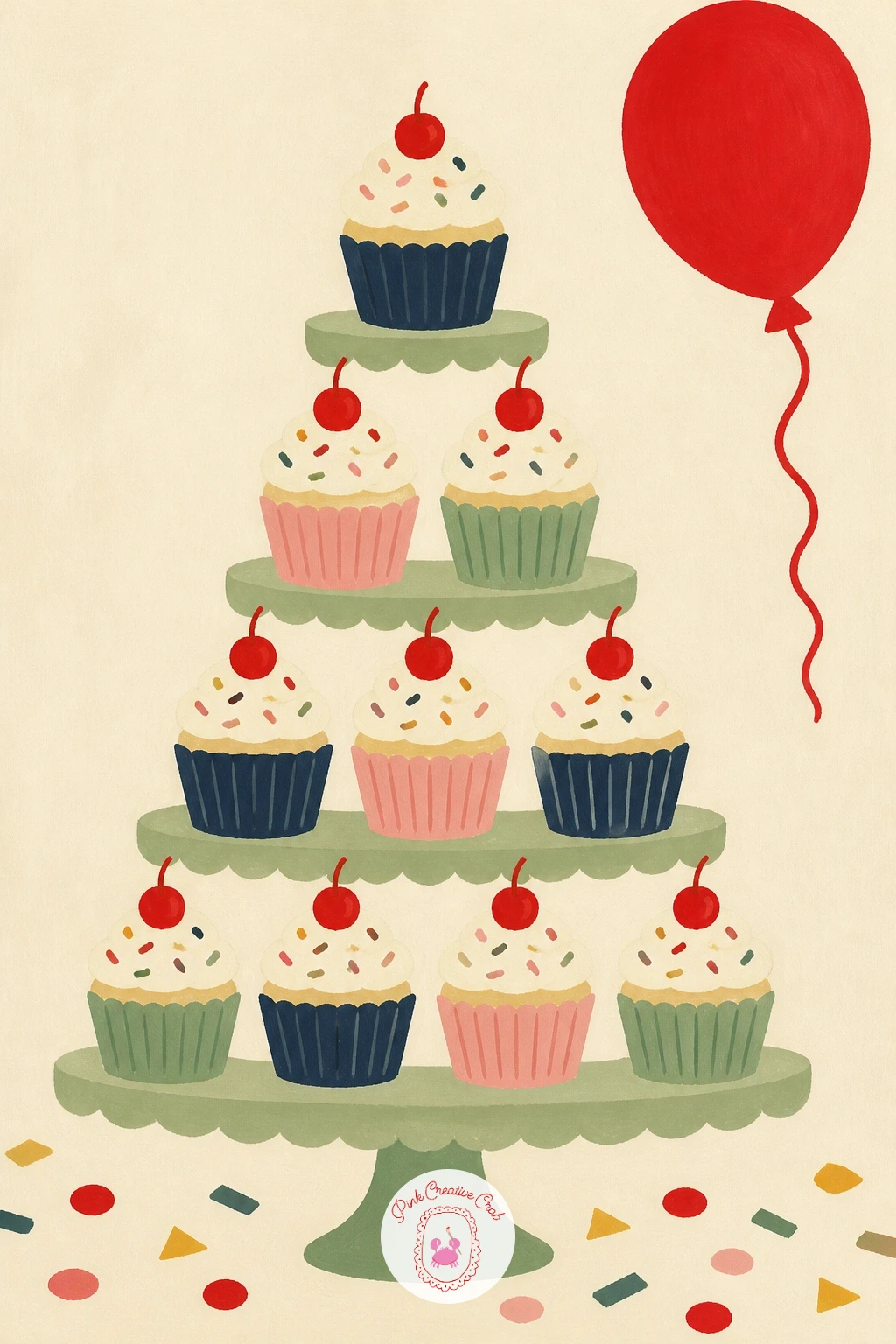 Cupcake Tower at a Birthday Table — Scale up to a cupcake tower at a birthday table, your first real composition with several cupcakes working together.