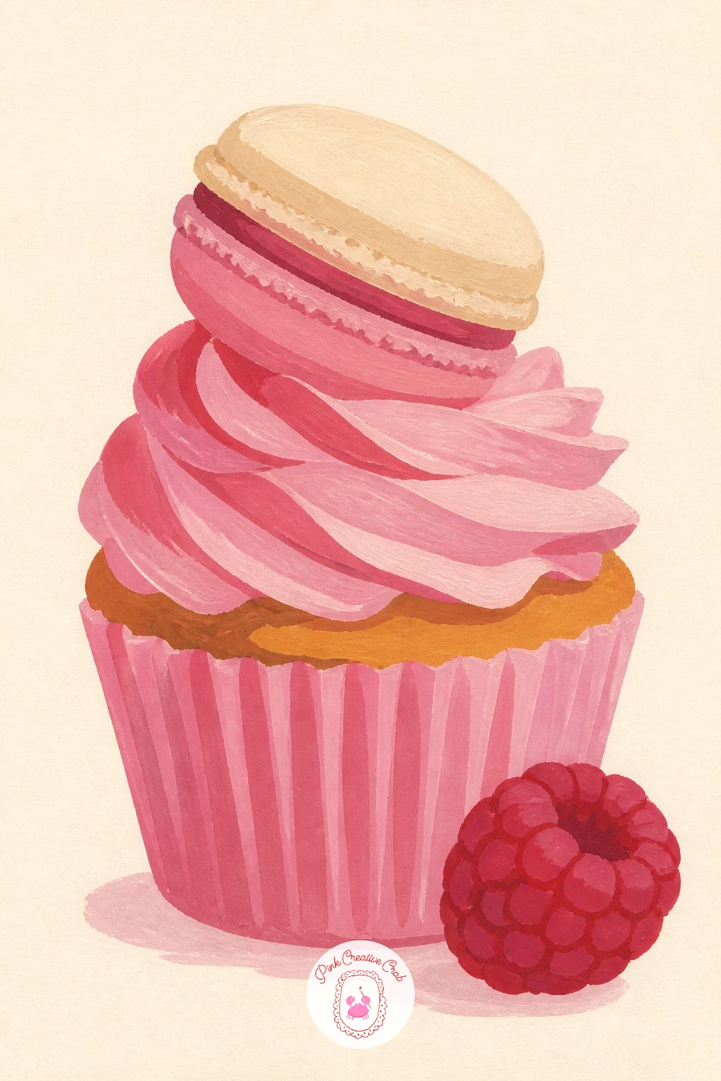 Raspberry Cupcake With a Macaron on Top — A raspberry cupcake with a macaron on top is a satisfying lesson in balancing two different round shapes. Cupcake
