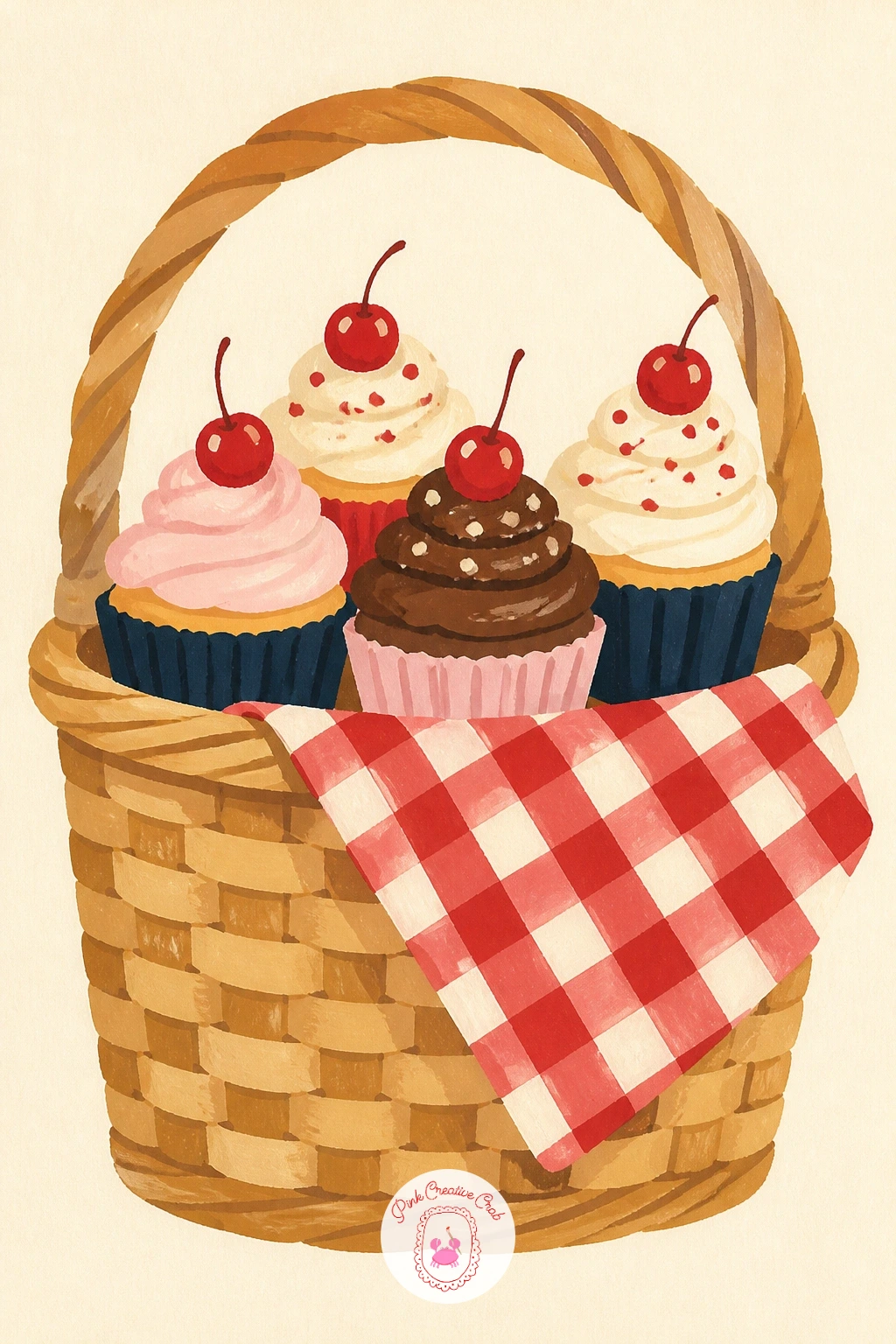Picnic Basket of Cupcakes — Move into a full little scene with a picnic basket of cupcakes, where perspective starts to matter for the first time in this list.