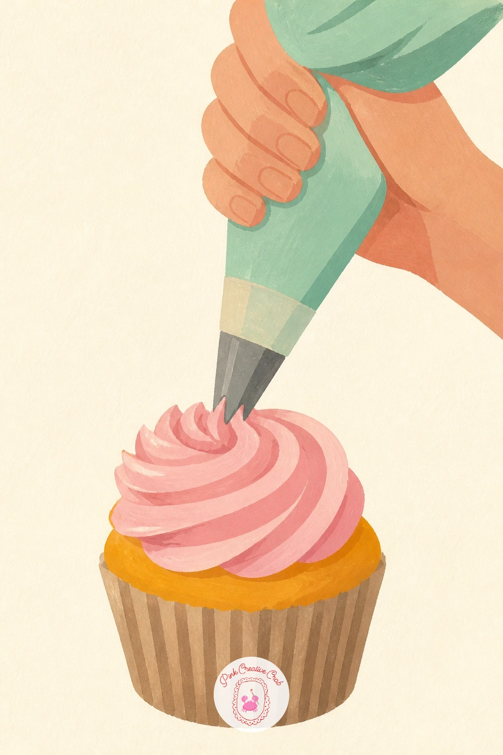Baker Piping Frosting — Bring a person into the scene with a baker piping frosting, focusing only on the hand, the piping bag, and the cupcake rather than a