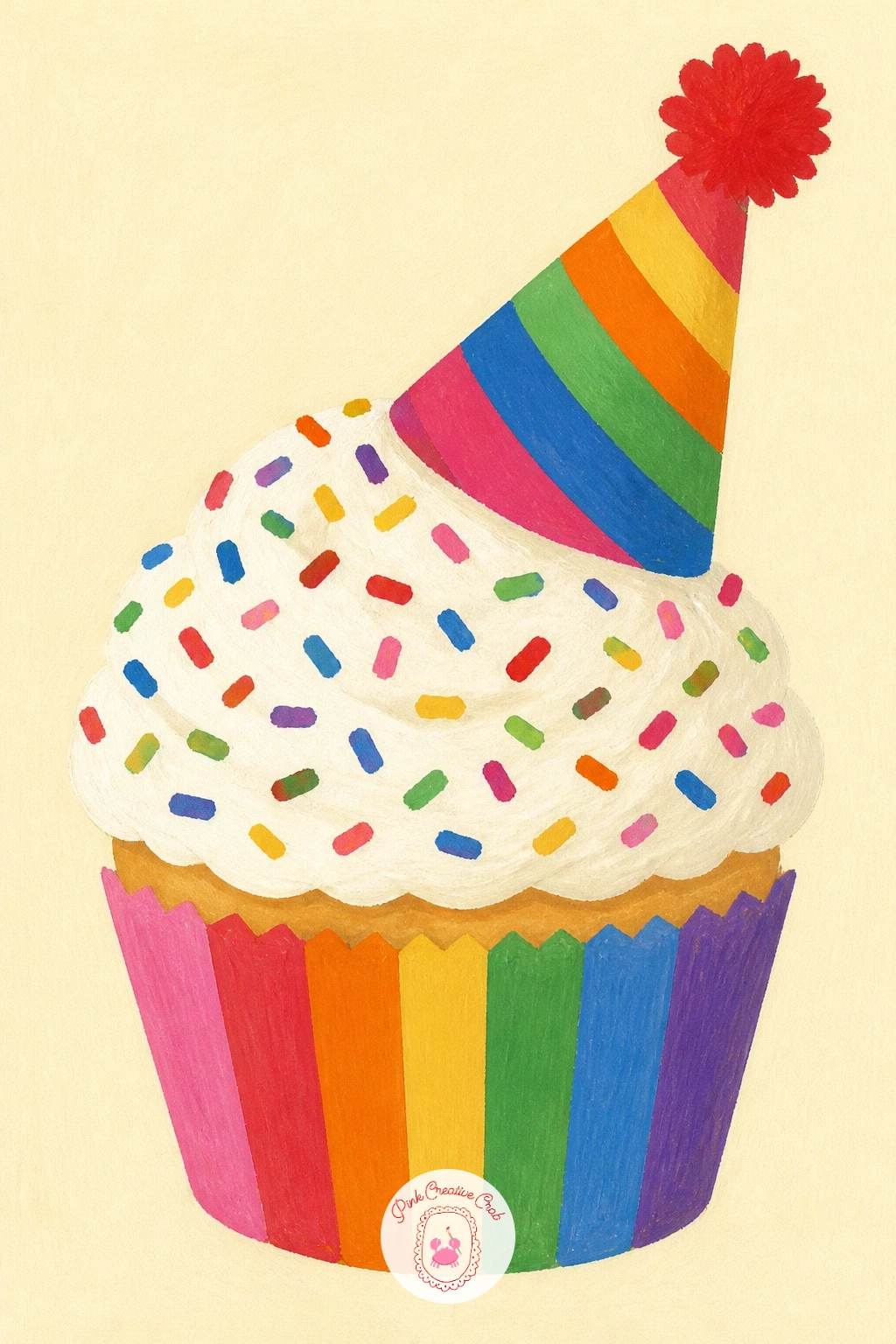 Rainbow Sprinkle Cupcake in a Party Hat — A rainbow sprinkle cupcake in a party hat is the most colorful piece on this list, so plan the color order before any