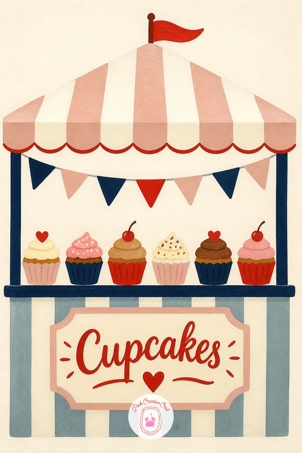 Cupcake Stall at a Fair — Finish the whole list with a cupcake stall at a fair, your most ambitious scene yet, bringing a little striped awning, a counter, and