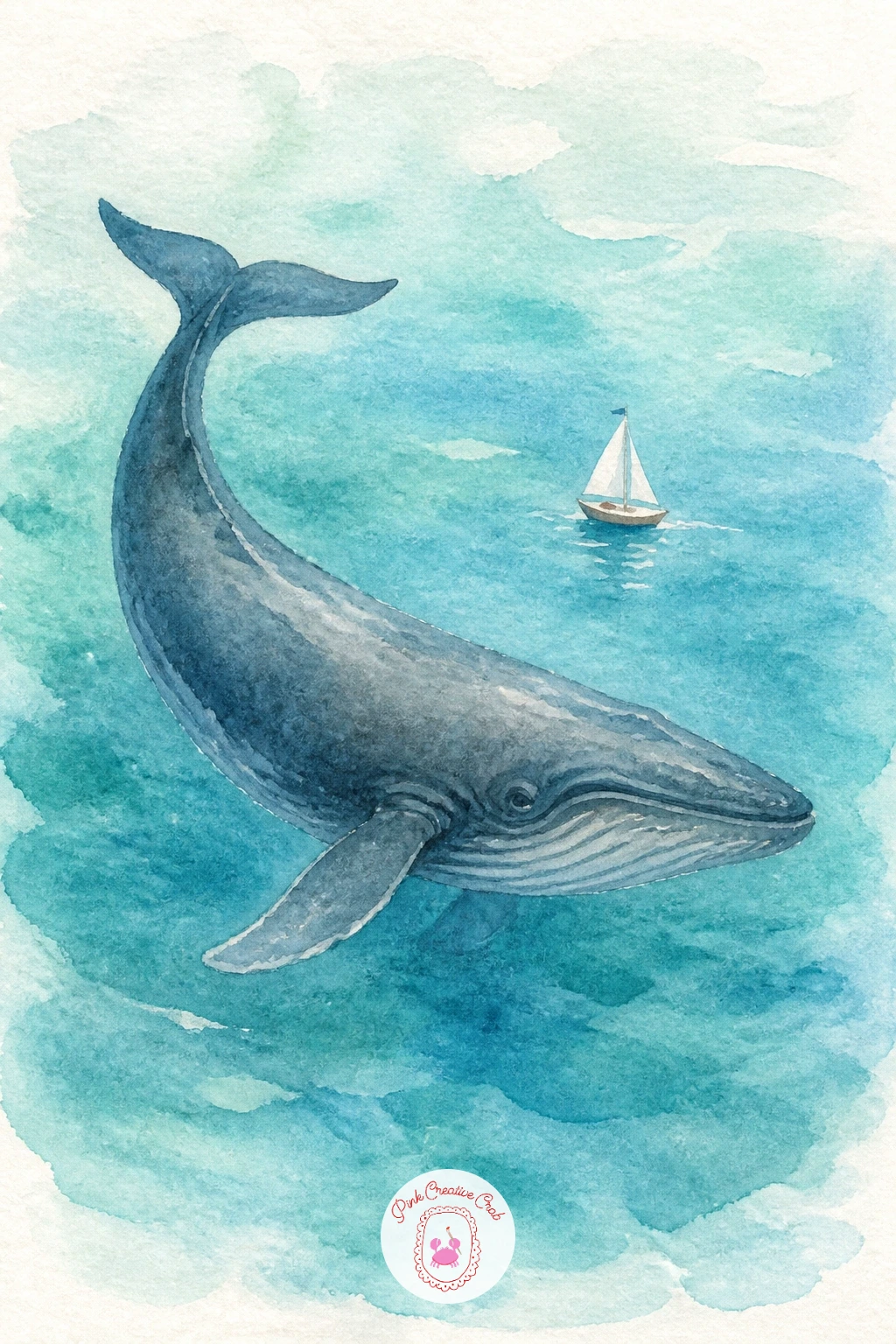 Whale With a Tiny Boat — Scale up slightly with a whale curving through the water, its back breaking the surface in a smooth gray-blue arch. Things to