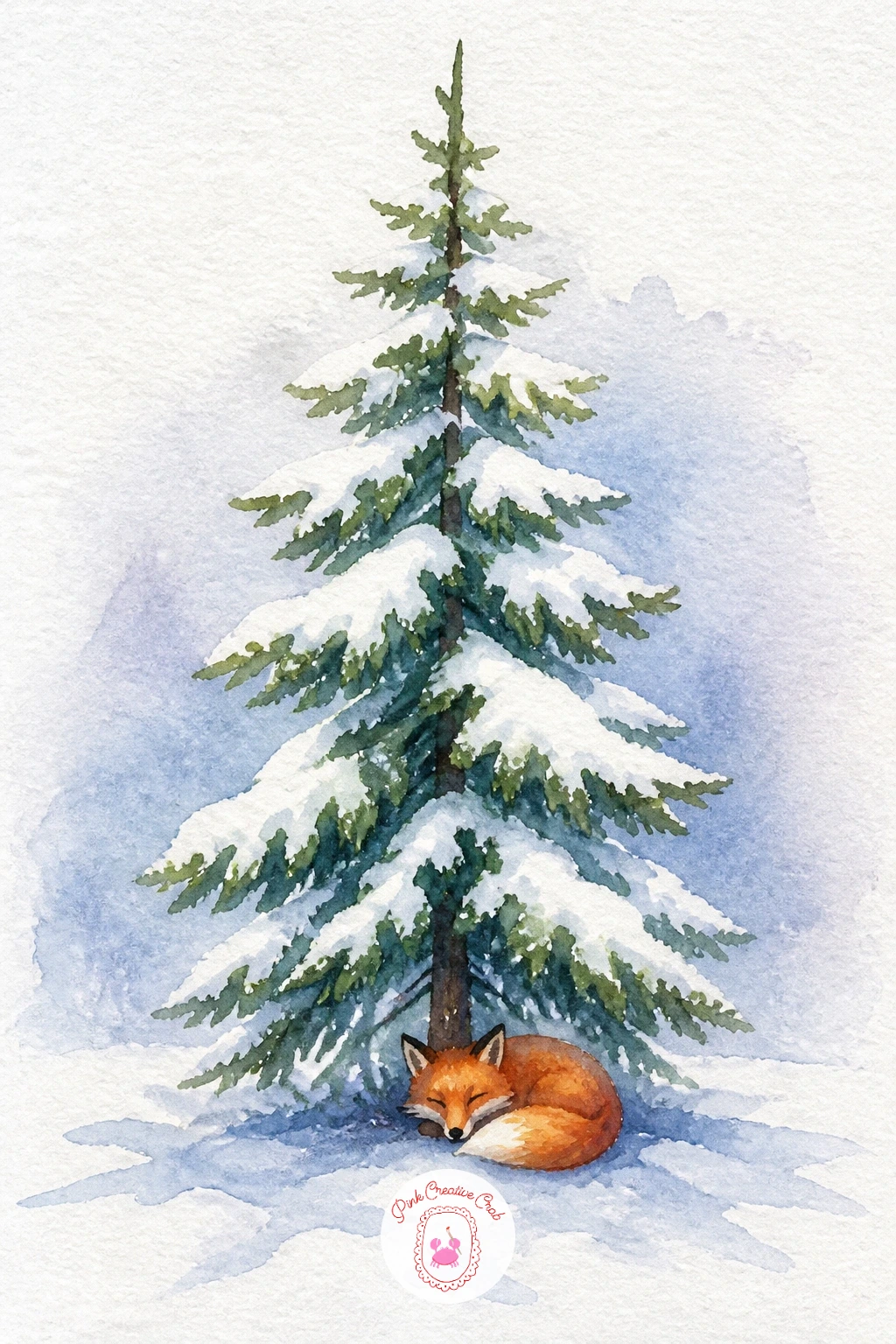 Pine Tree in Snow With a Fox — Pine trees are a satisfying break from round shapes, built from a series of stacked triangles, each one a little wider than the