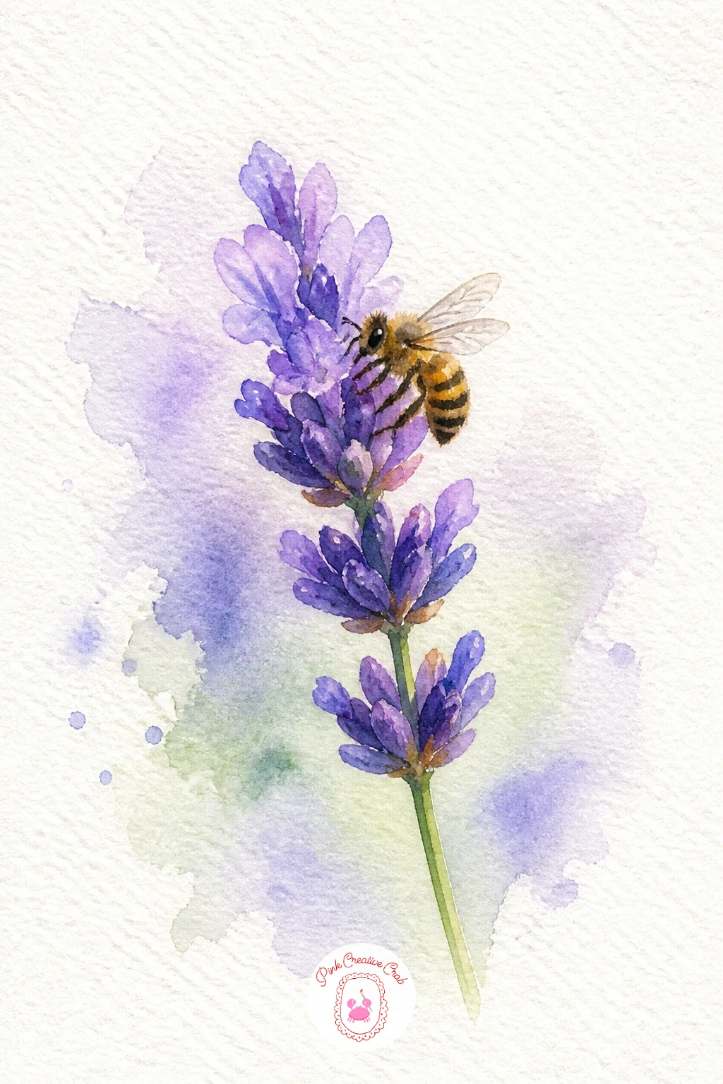 Bee on a Lavender Sprig — Lavender sprigs are made of small repeated shapes, so paint the stem first as one thin green line, then add the little purple buds as