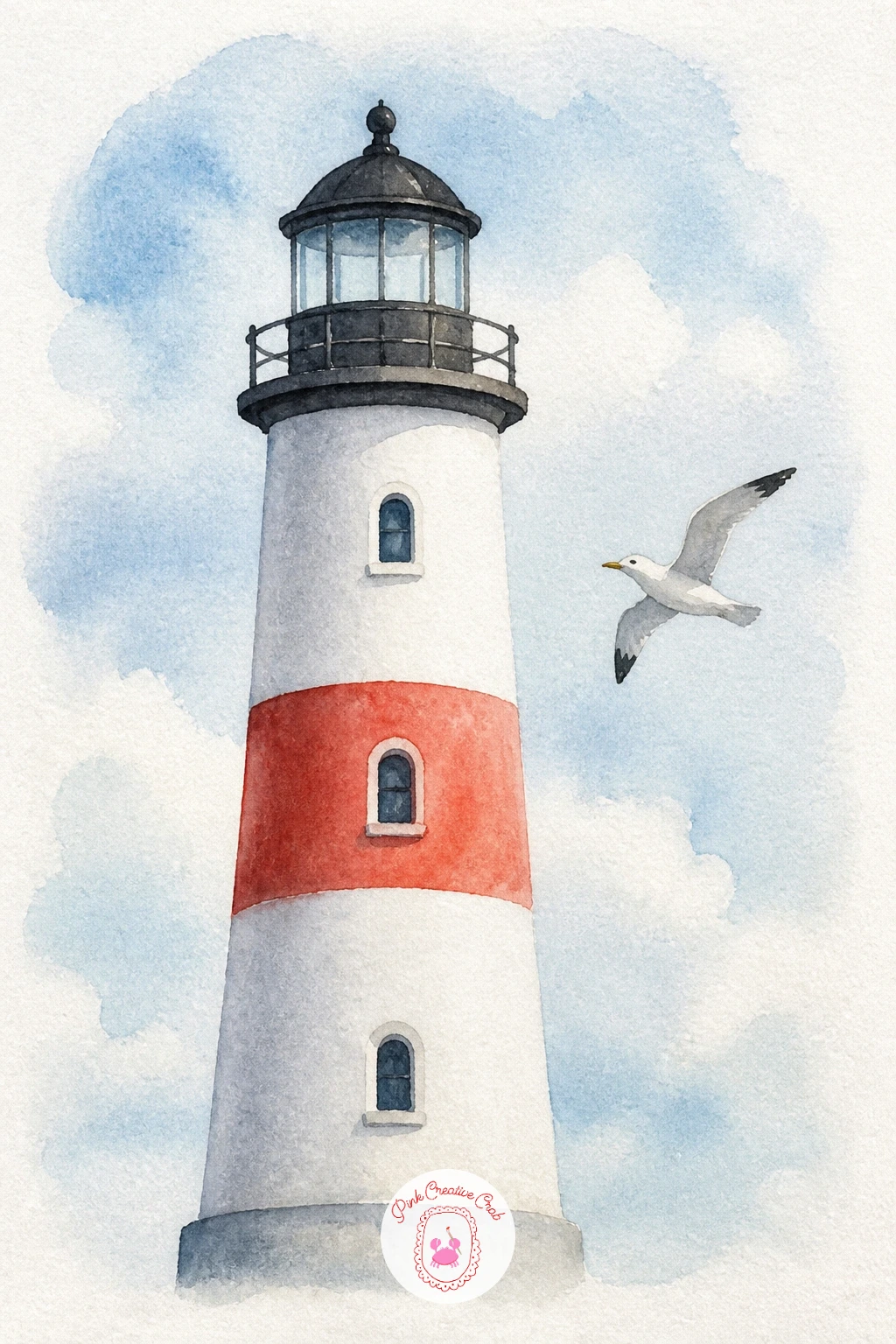 Lighthouse With a Seagull — Lighthouses pull together several of the shapes you have already practiced: a tall tapering cylinder for the tower, a small cap on