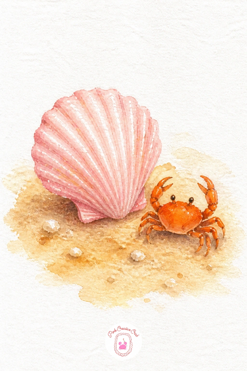 Seashell on a Sandy Shore With a Crab — Shells bring in a nice bit of pattern practice. Things to watercolor