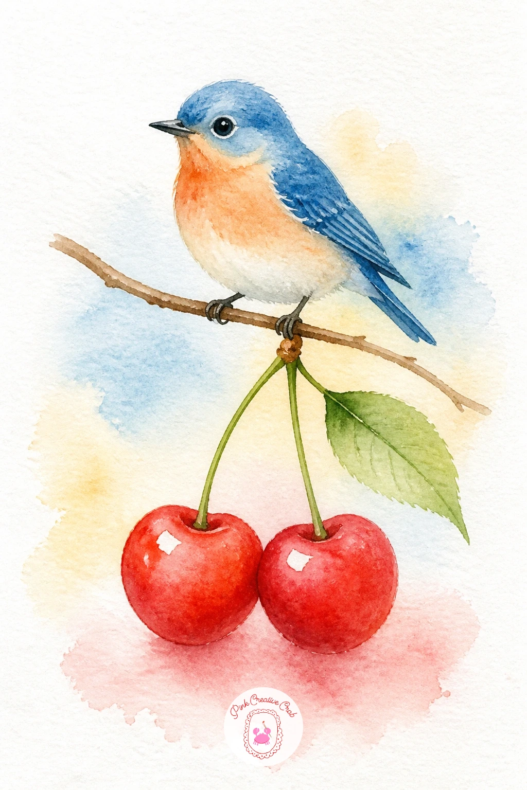 Cherry Pair on a Twig With a Bird — Two cherries on a shared stem make a lovely small study in balance. Things to watercolor