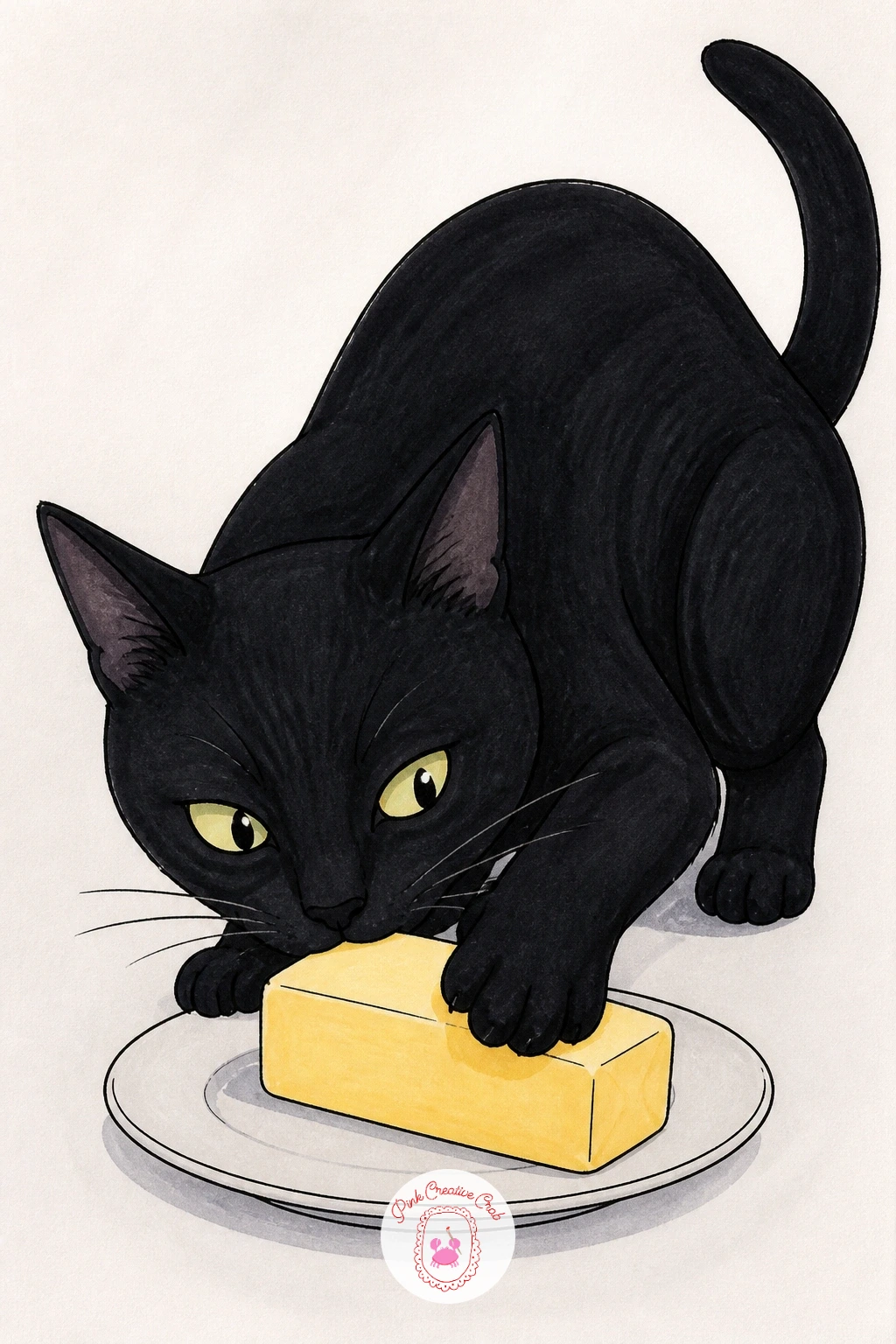 Cat Stealing Butter — Start with the butter dish, since getting its oval shape right gives the whole scene a place to sit. Black cat drawing