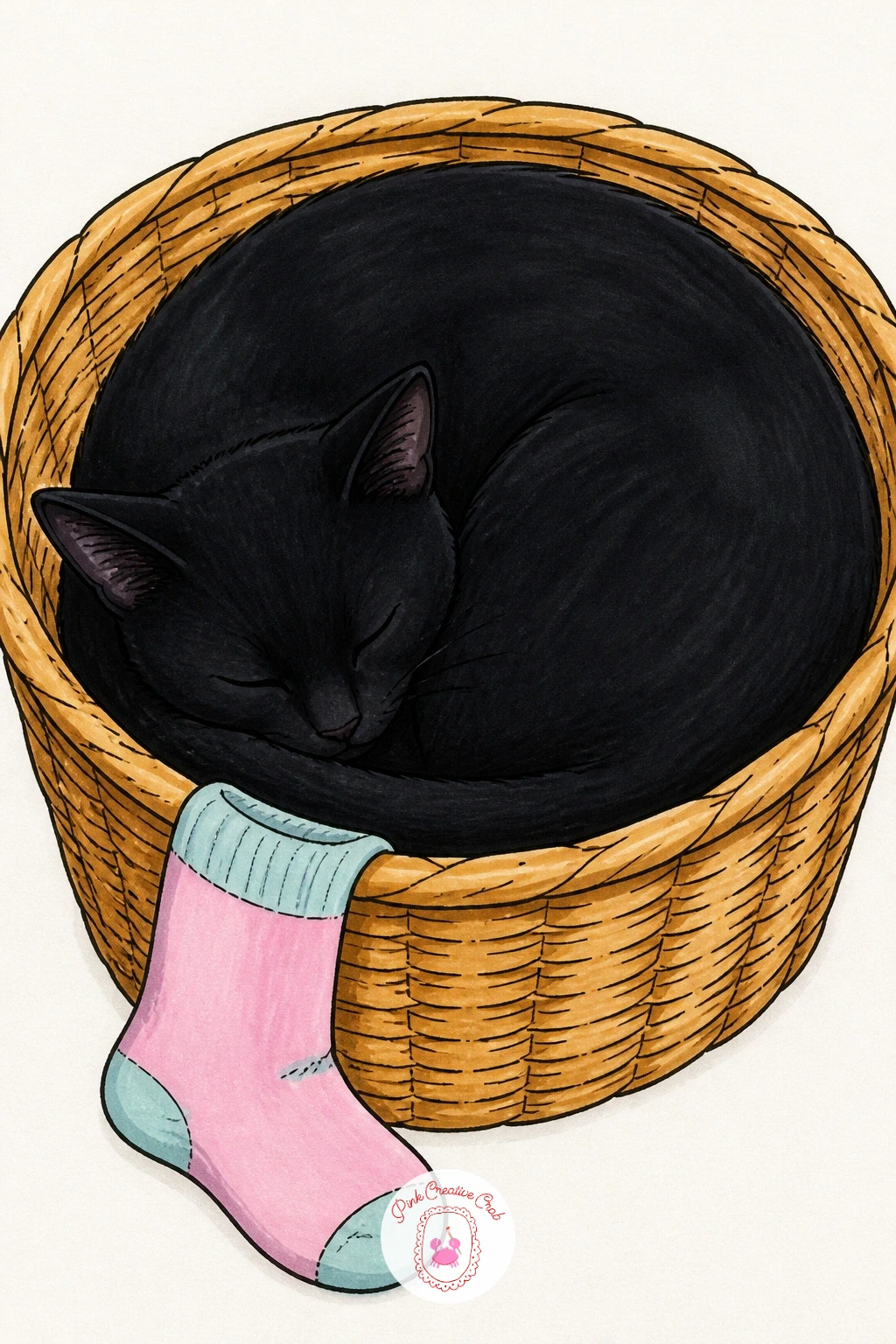 Cat Asleep in Laundry Basket — Move from counter crimes to a quieter moment with a cat curled asleep in a laundry basket. Black cat drawing