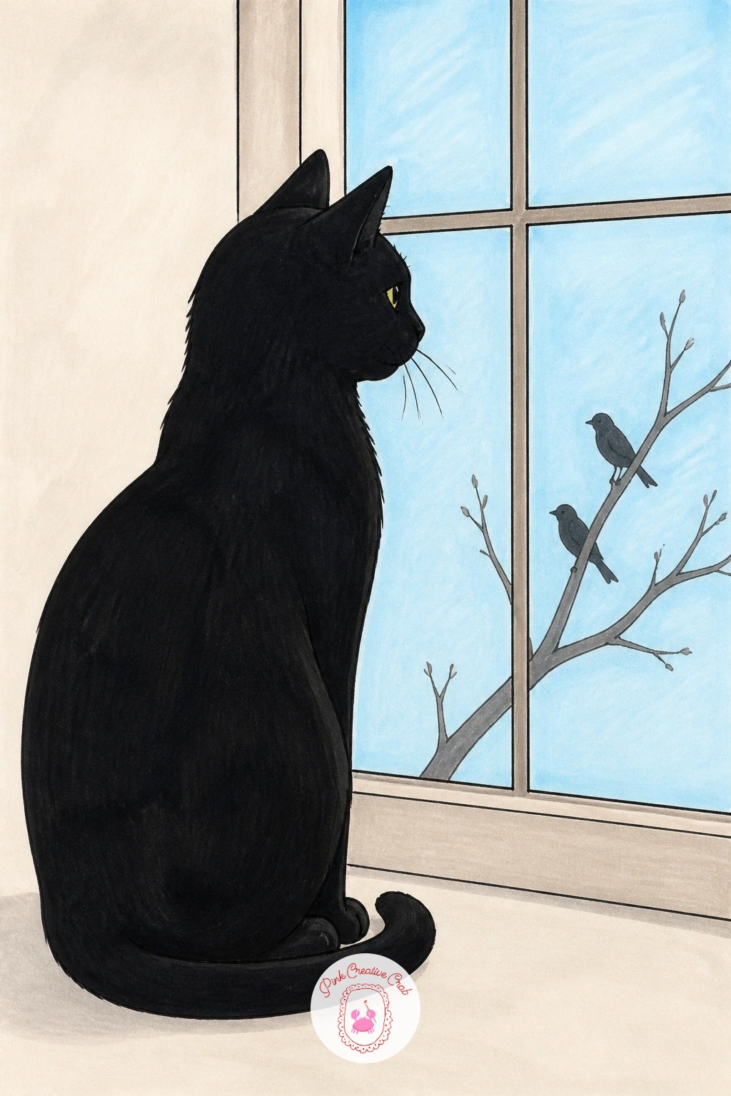 Cat Watching Birds from the Window — This scene turns on the window frame, so rule a simple rectangle or square divided by one or two panes before anything